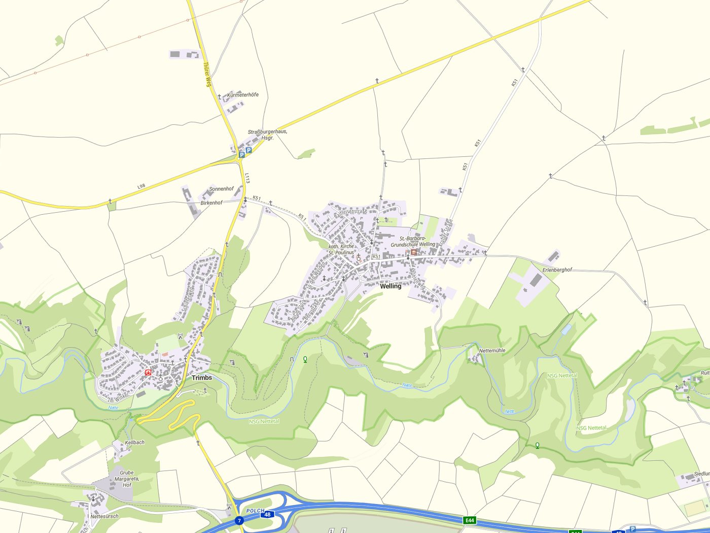 Kartenausschnitt Welling mit Gewässern