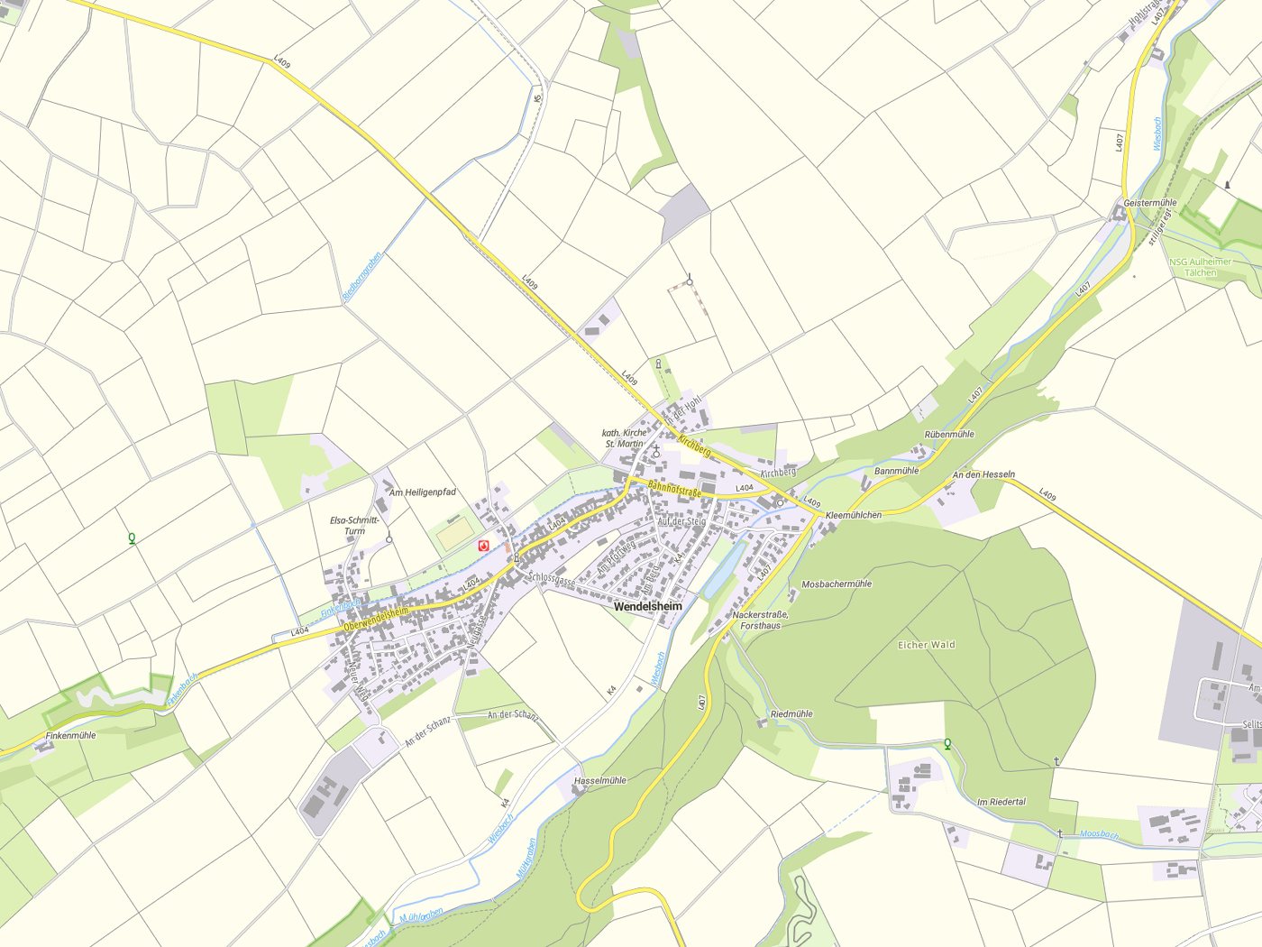 Kartenausschnitt Wendelsheim mit Gewässern