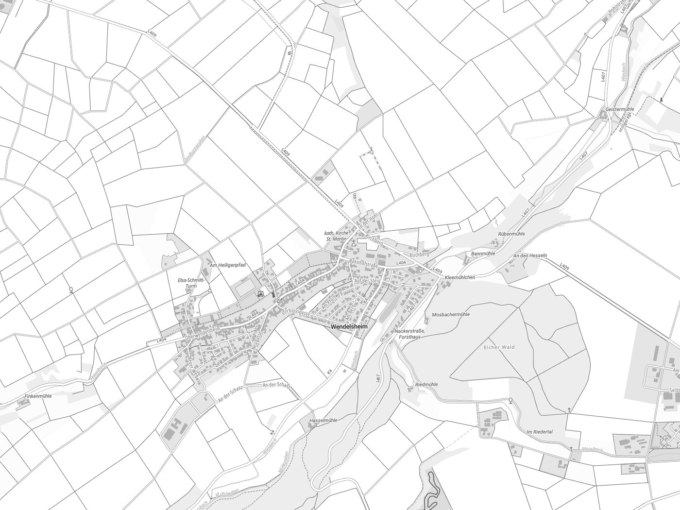 Kartenausschnitt Wendelsheim mit Gewässern