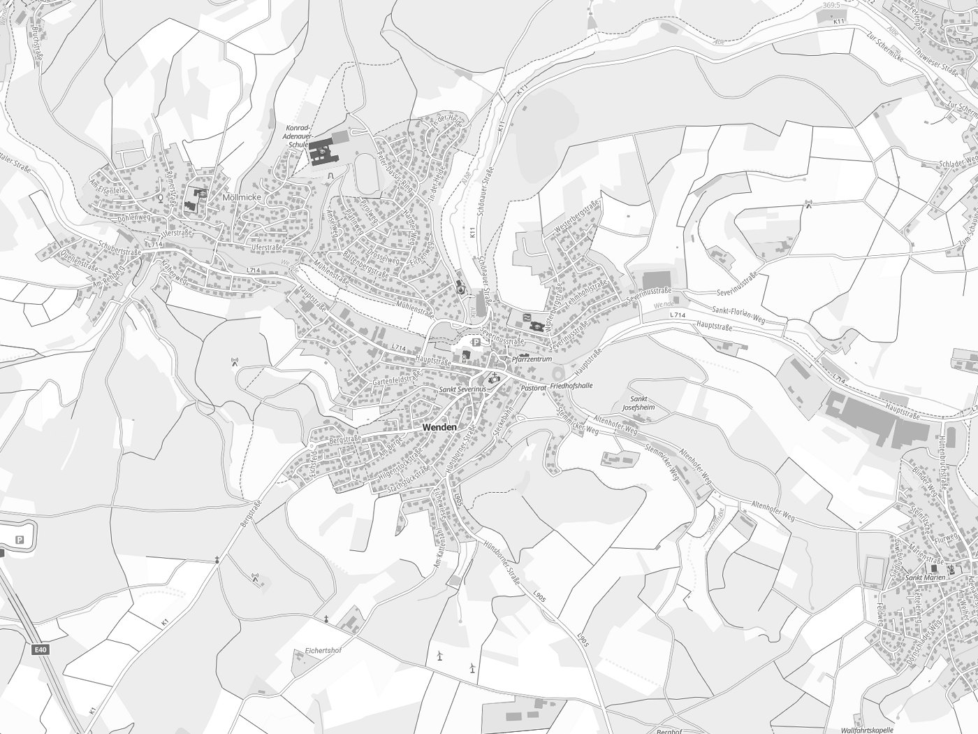 Kartenausschnitt Wenden mit Gewässern