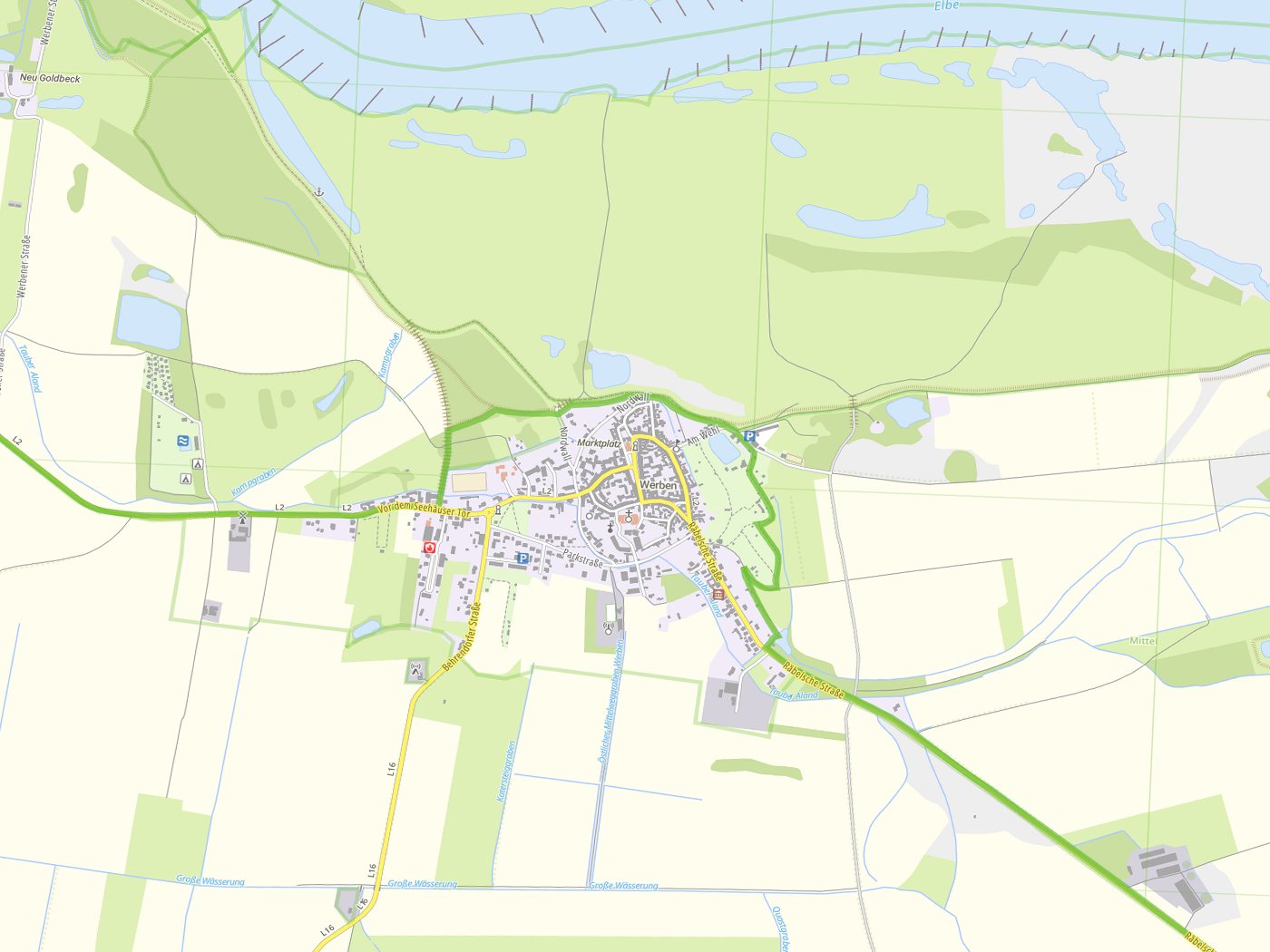 Kartenausschnitt Werben (Elbe) mit Gewässern