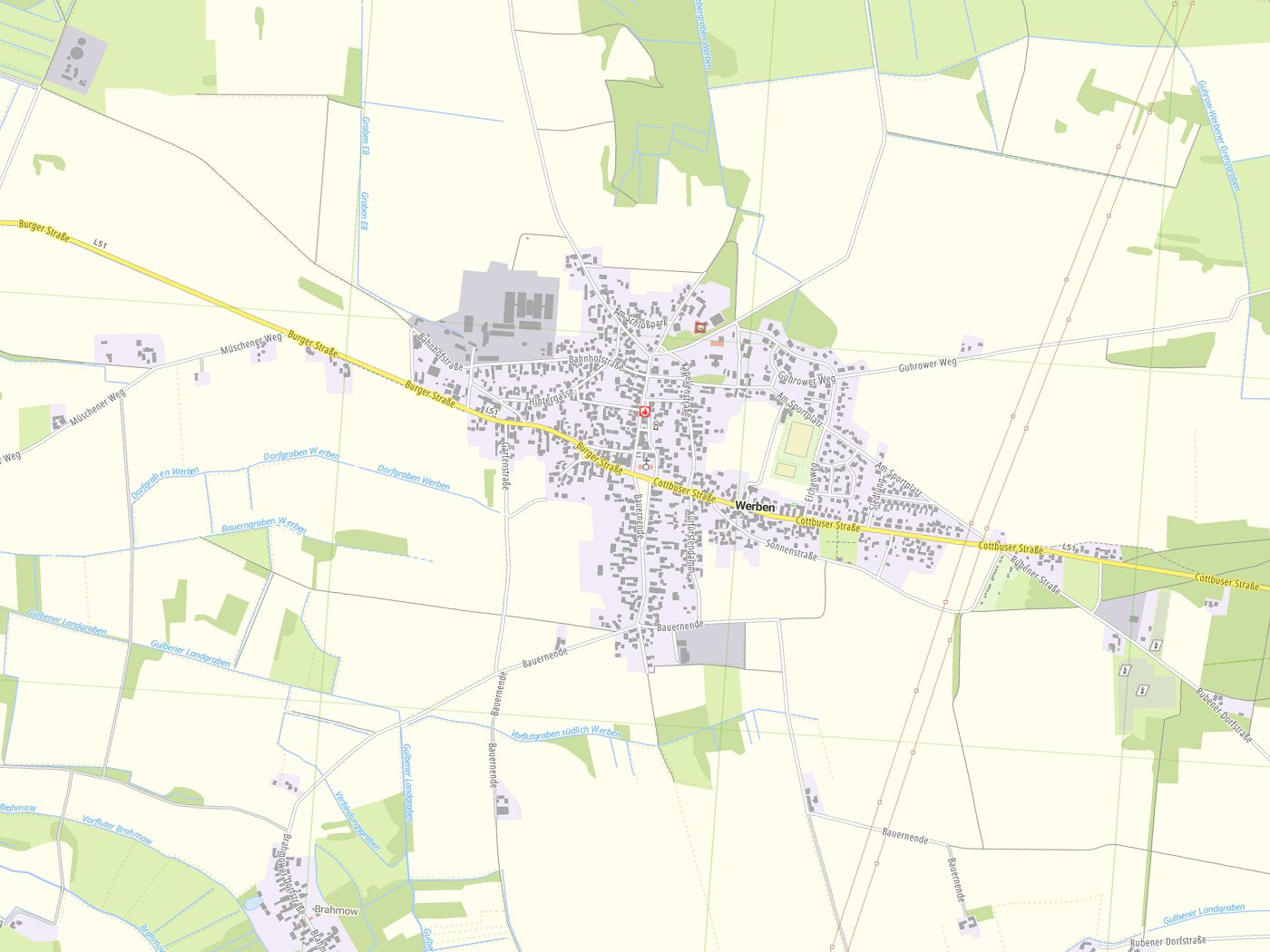 Kartenausschnitt Werben/Wjerbno mit Gewässern