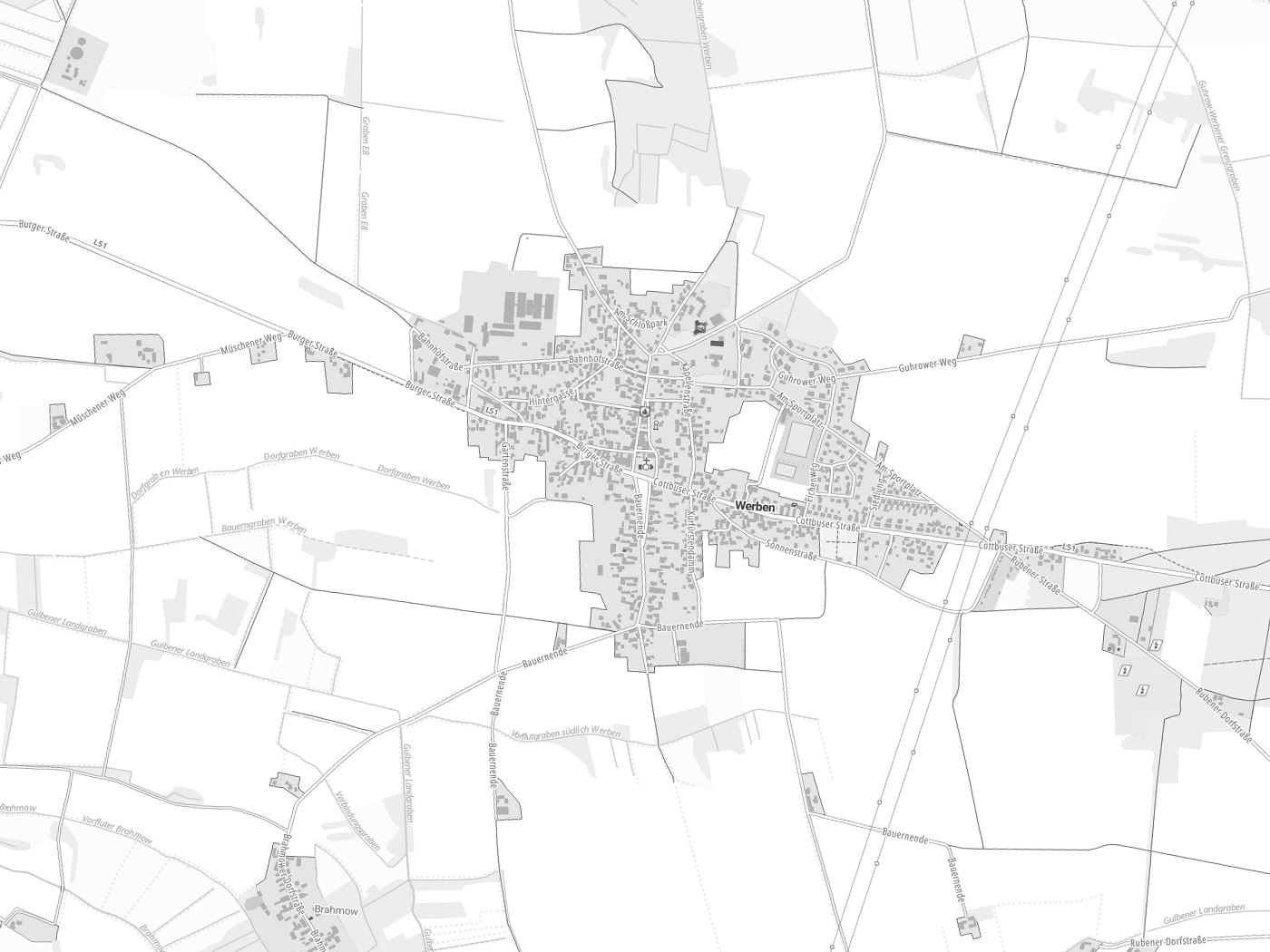 Kartenausschnitt Werben/Wjerbno mit Gewässern