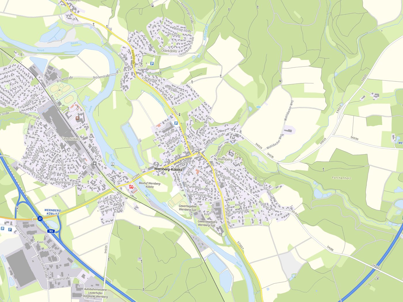 Kartenausschnitt Wernberg-Köblitz mit Gewässern