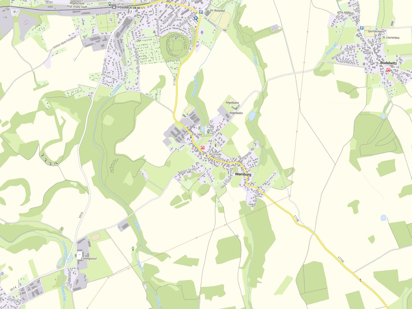 Kartenausschnitt Wernburg mit Gewässern