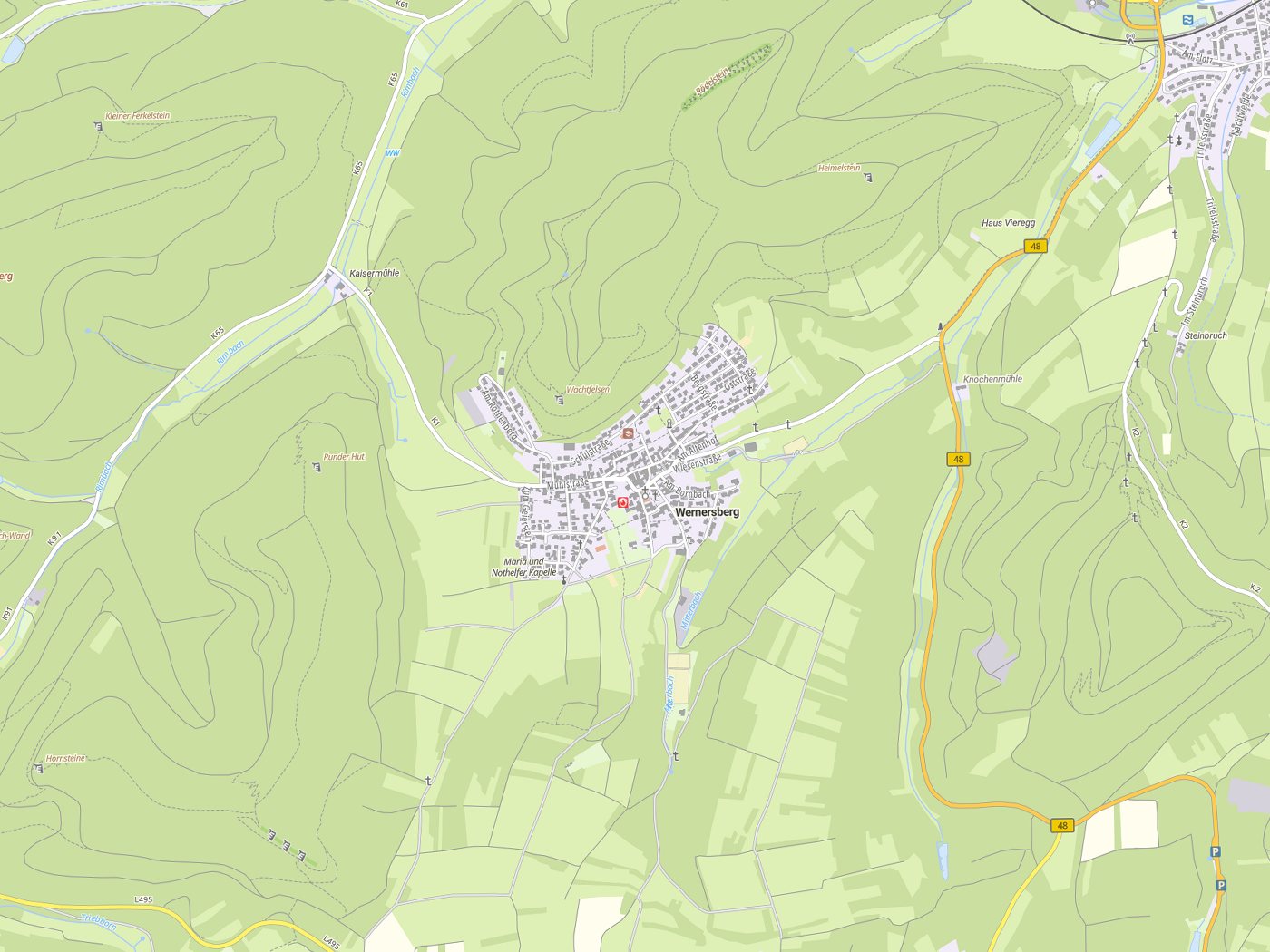 Kartenausschnitt Wernersberg mit Gewässern