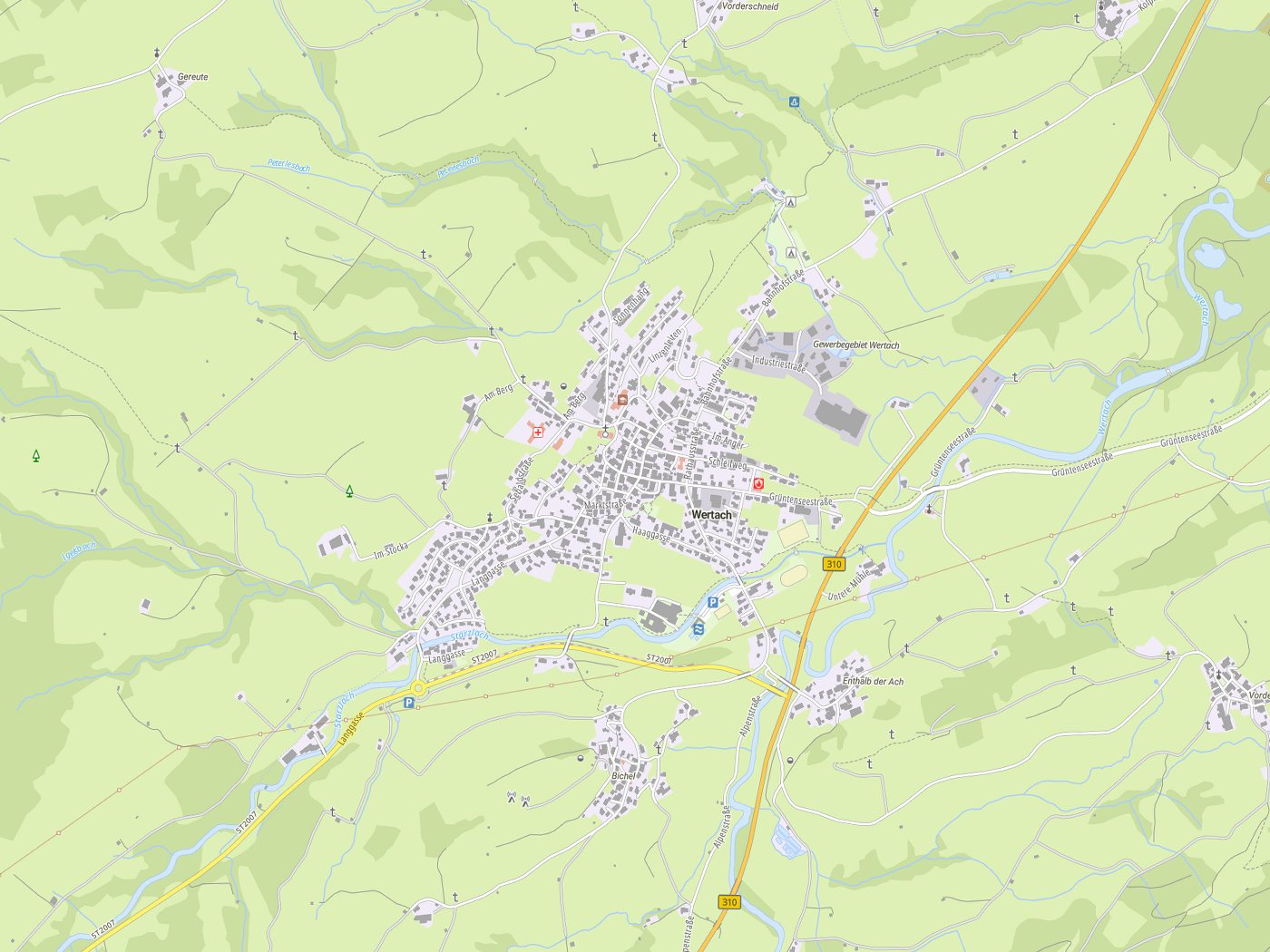 Kartenausschnitt Wertach mit Gewässern