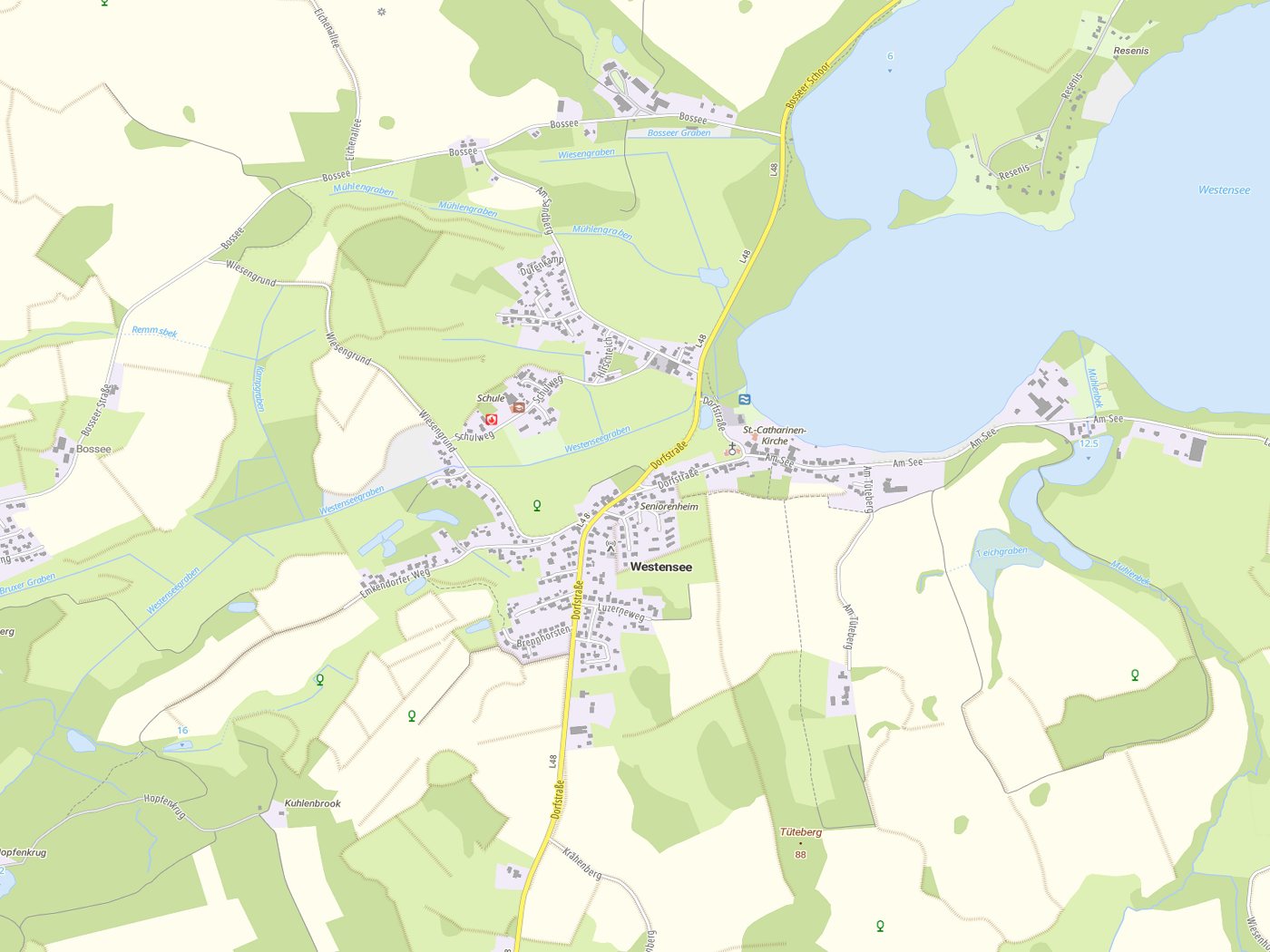 Kartenausschnitt Westensee mit Gewässern