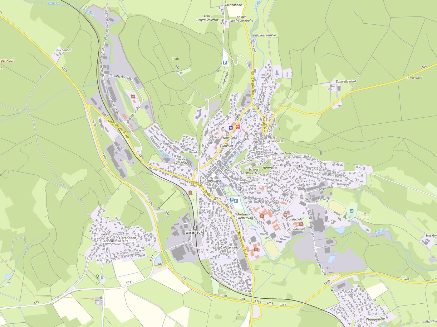 Kartenausschnitt Westerburg mit Gewässern