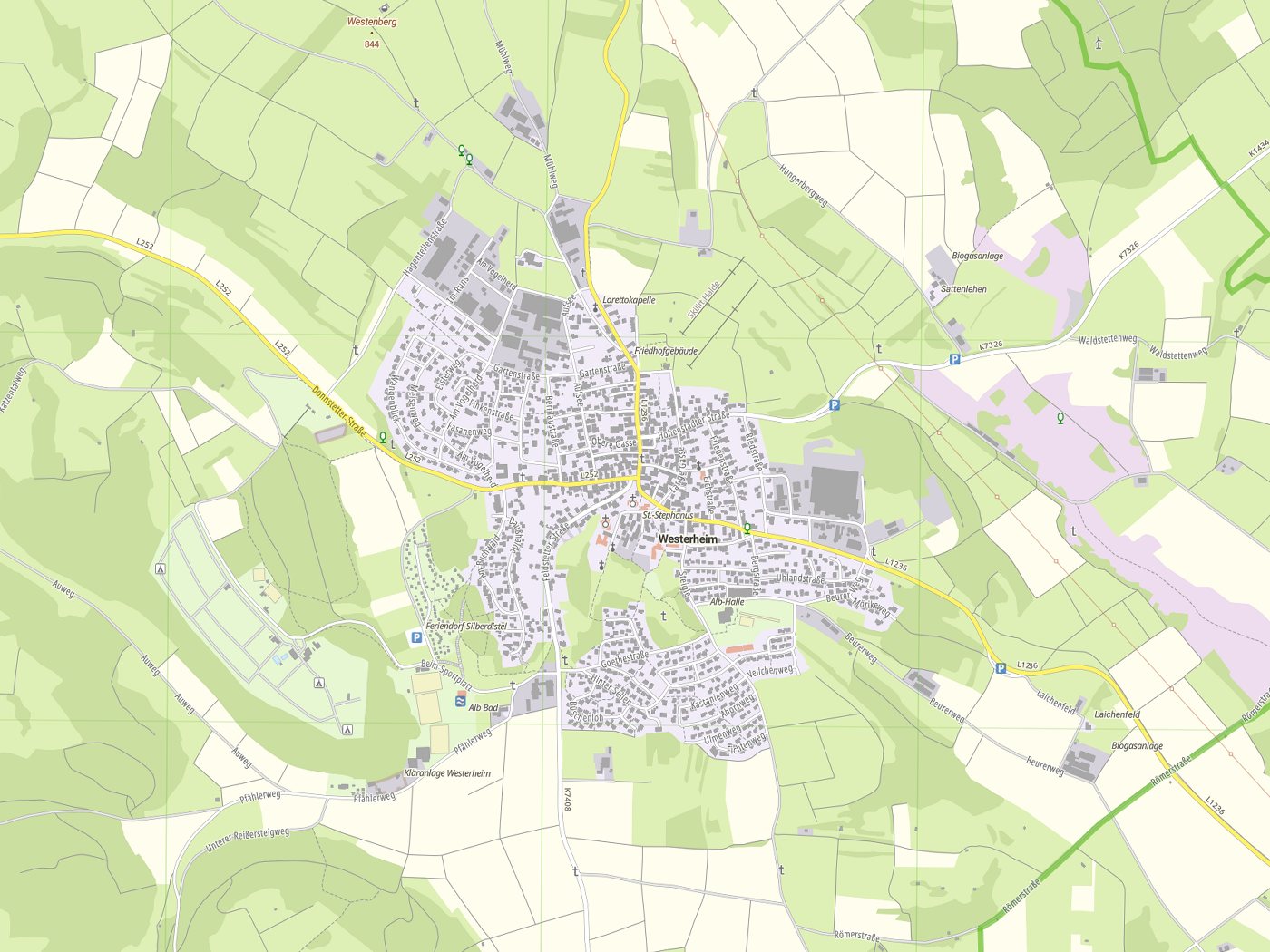 Kartenausschnitt Westerheim mit Gewässern