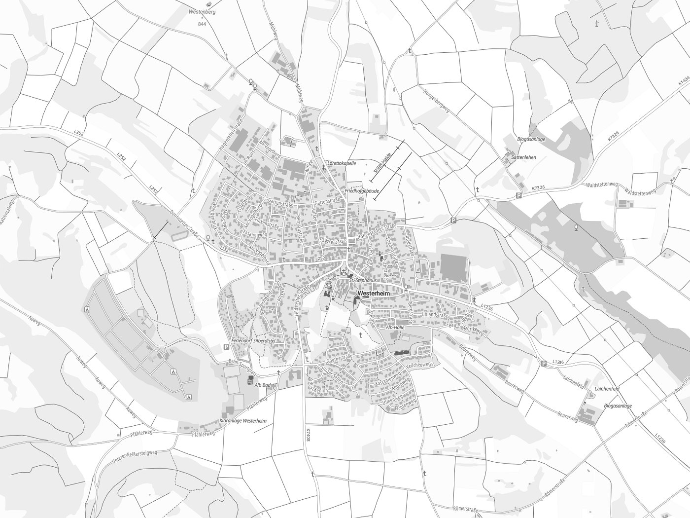 Kartenausschnitt Westerheim mit Gewässern