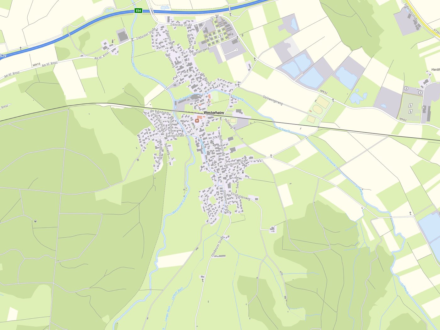 Kartenausschnitt Westerheim mit Gewässern