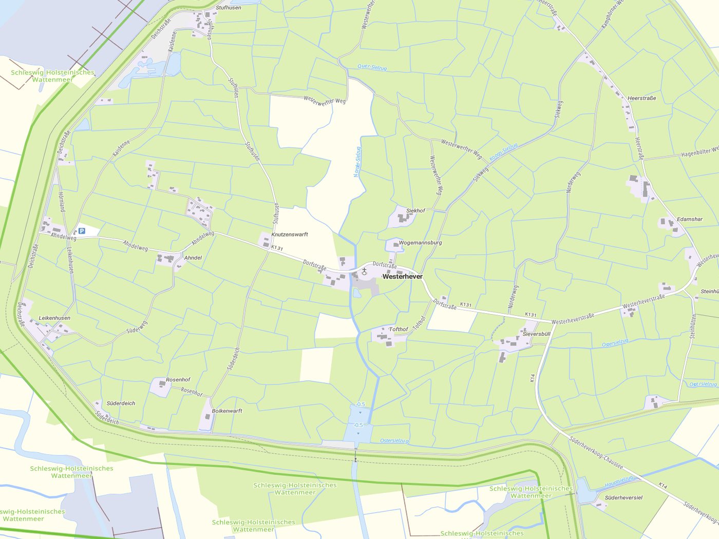 Kartenausschnitt Westerhever mit Gewässern