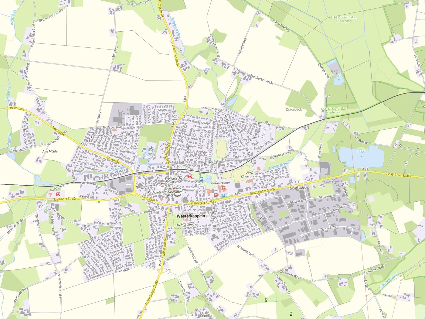 Kartenausschnitt Westerkappeln mit Gewässern
