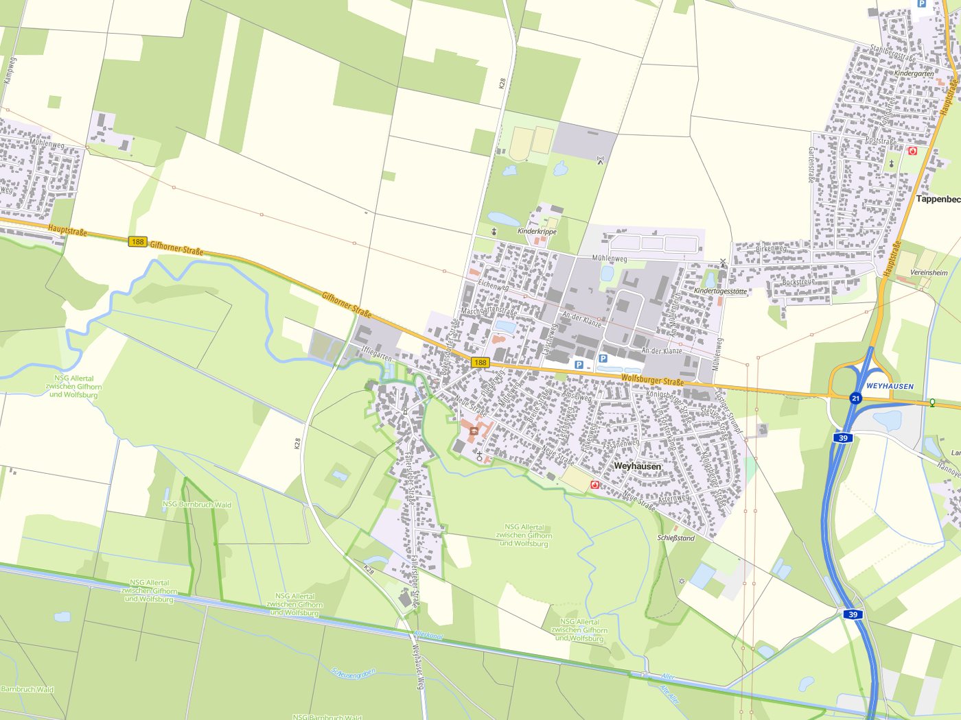 Kartenausschnitt Weyhausen mit Gewässern