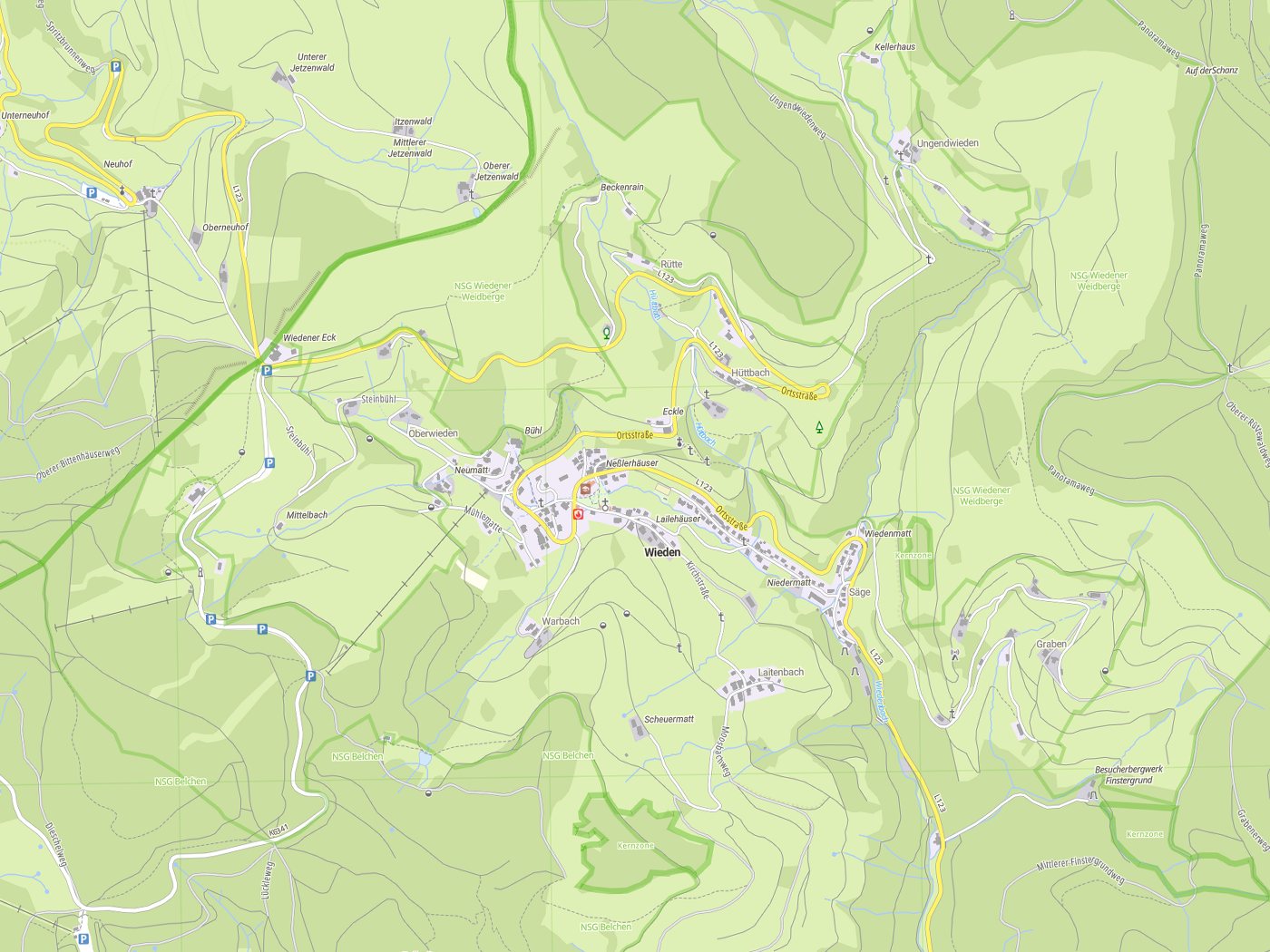 Kartenausschnitt Wieden mit Gewässern