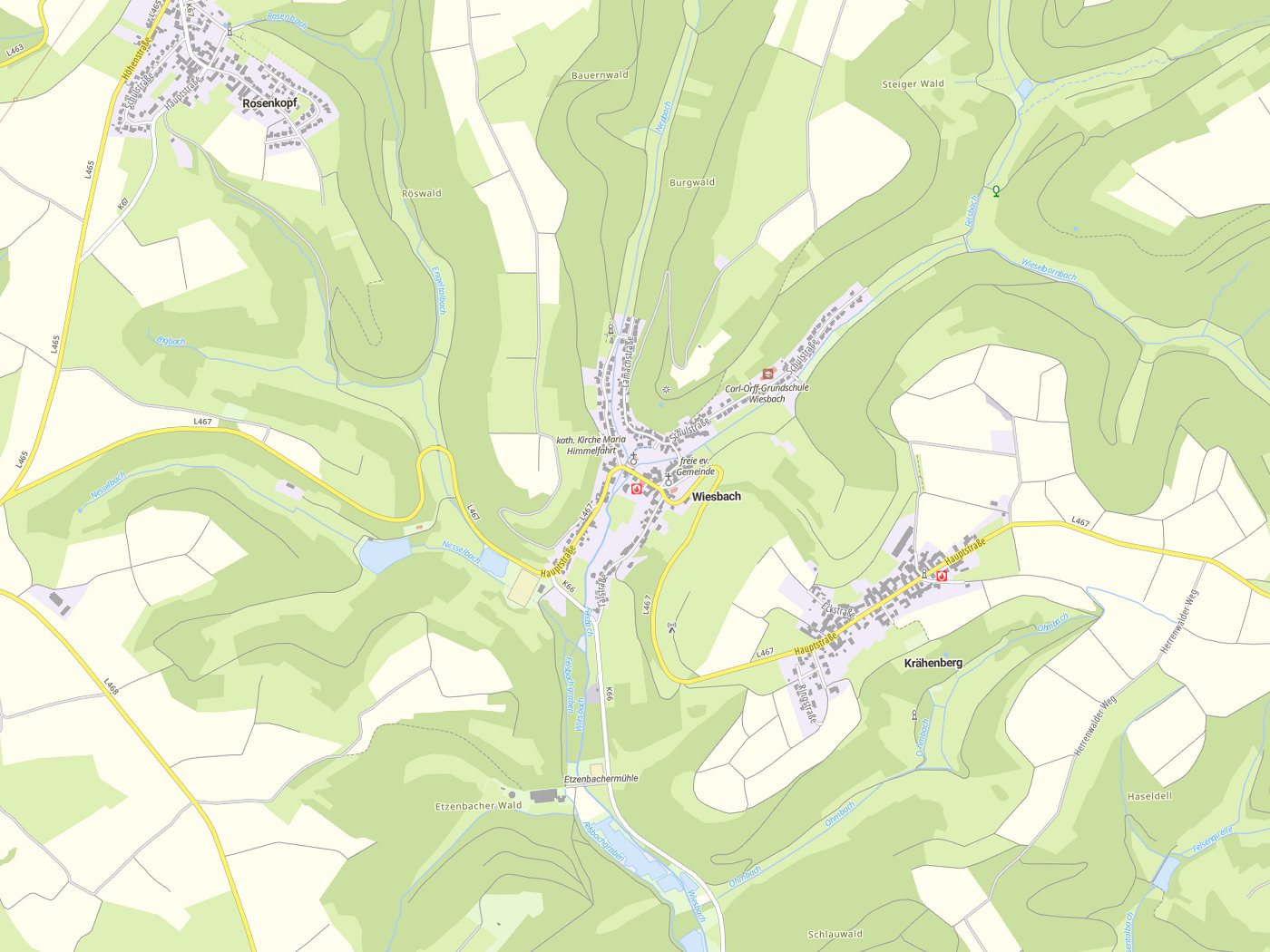 Kartenausschnitt Wiesbach mit Gewässern