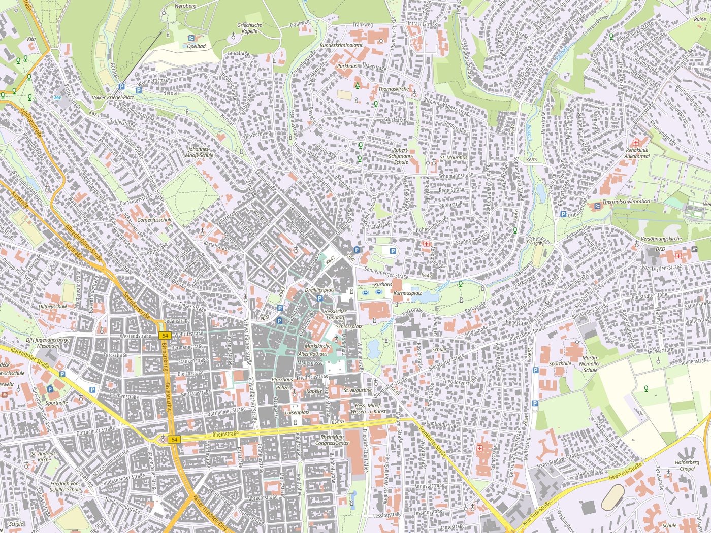 Kartenausschnitt Wiesbaden mit Gewässern