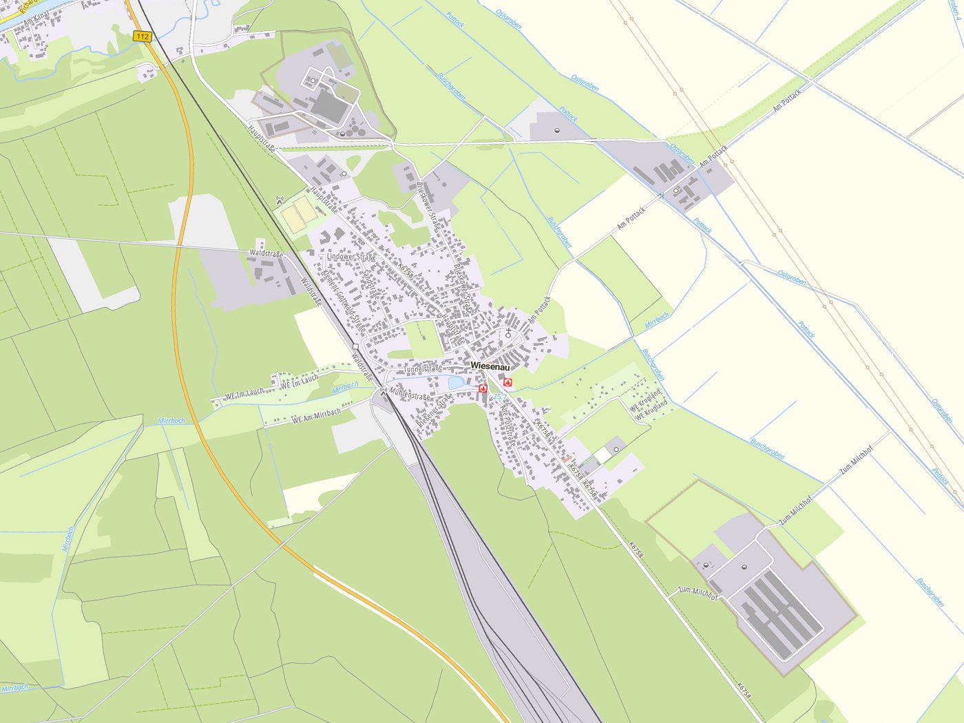 Kartenausschnitt Wiesenau mit Gewässern