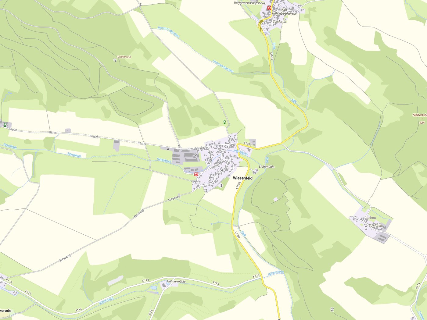 Kartenausschnitt Wiesenfeld mit Gewässern