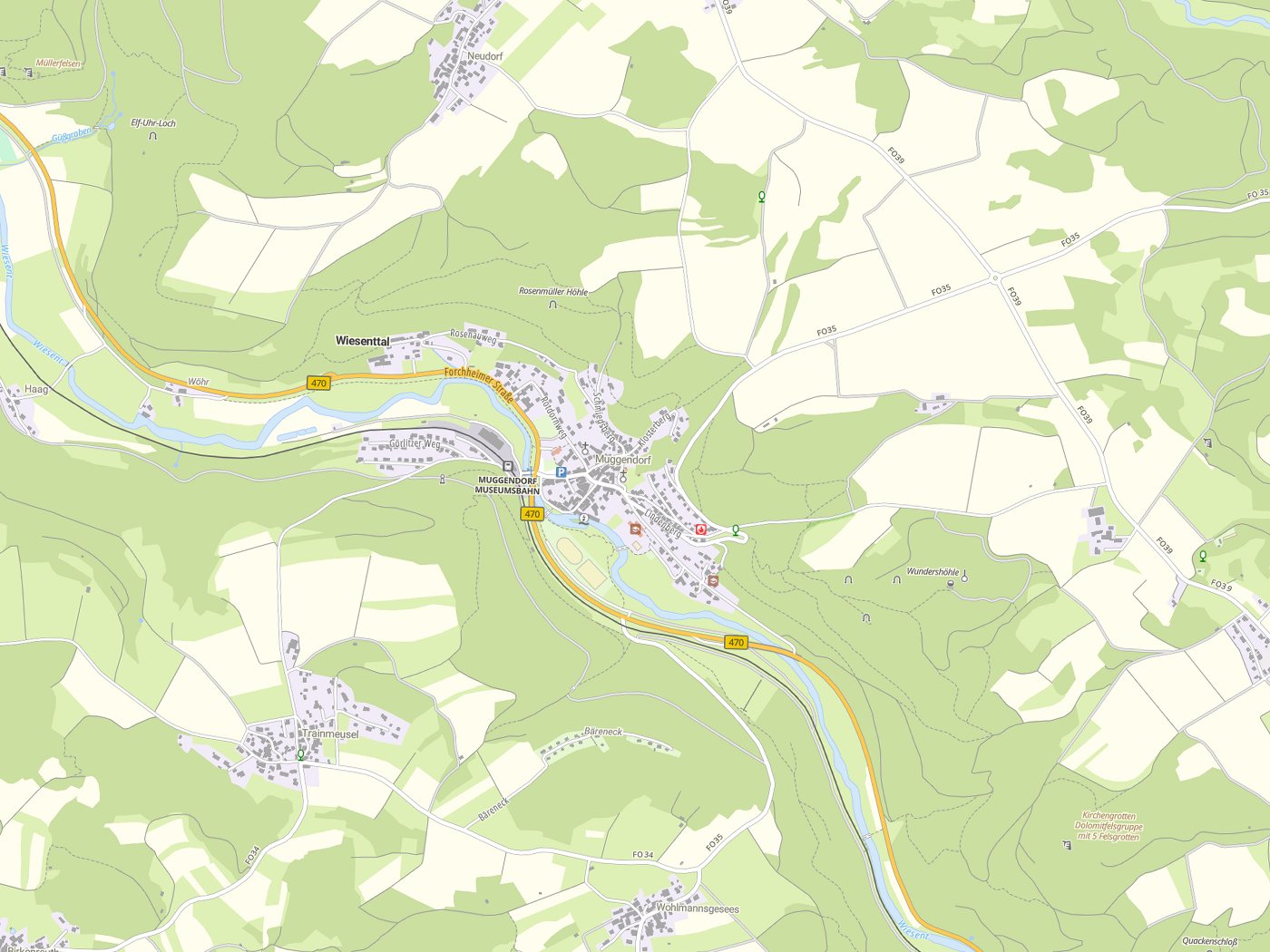 Kartenausschnitt Wiesenttal mit Gewässern