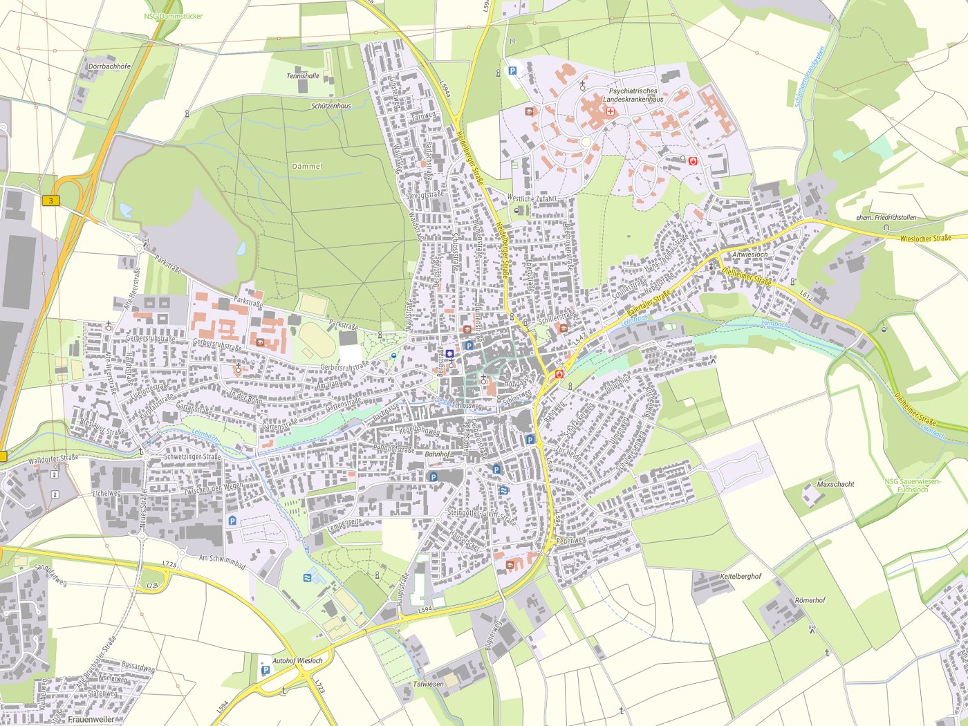 Kartenausschnitt Wiesloch mit Gewässern
