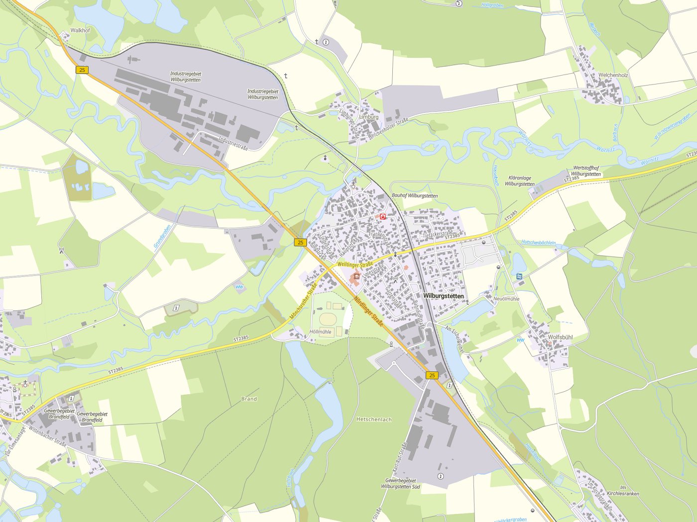 Kartenausschnitt Wilburgstetten mit Gewässern