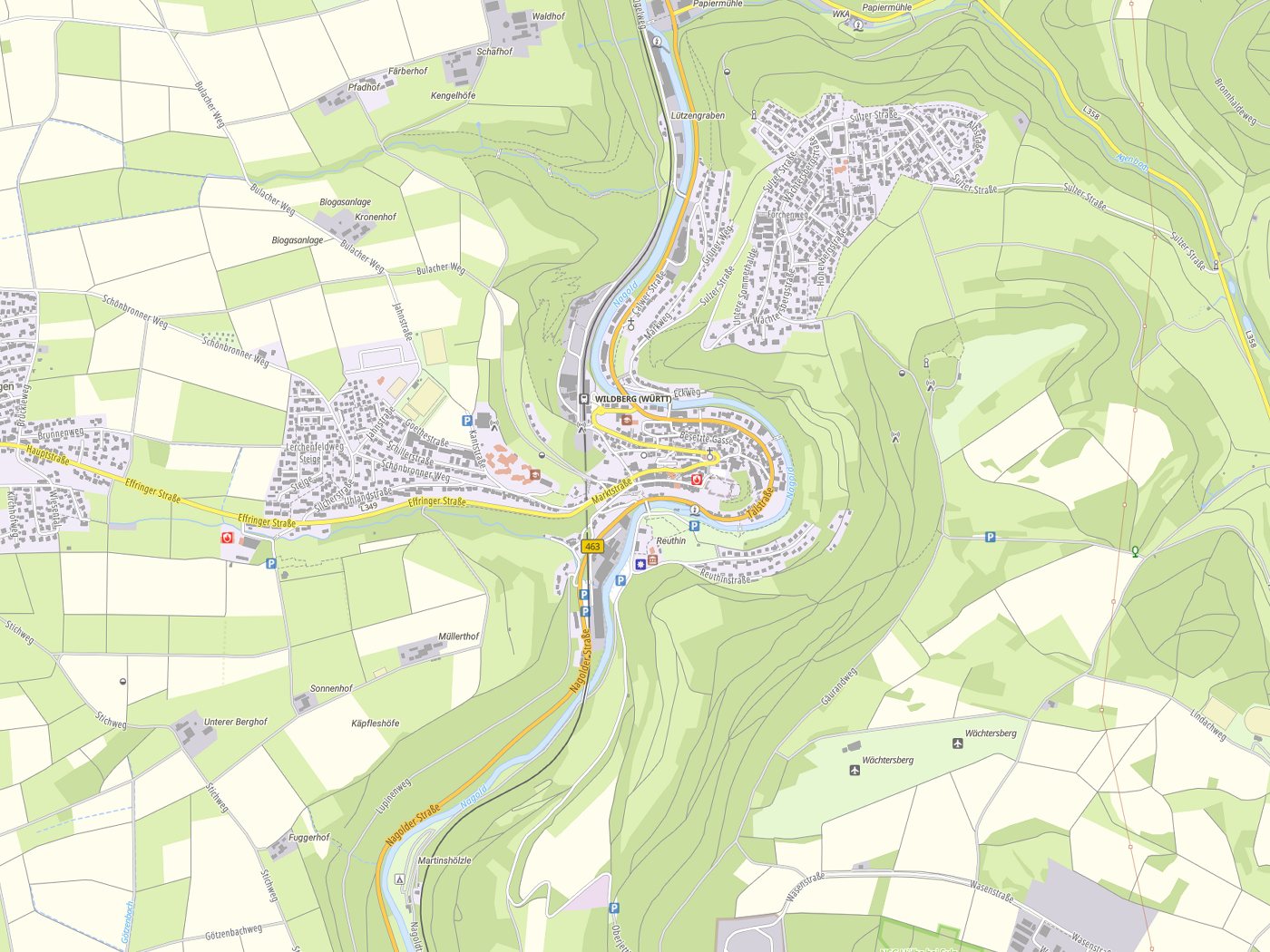 Kartenausschnitt Wildberg mit Gewässern