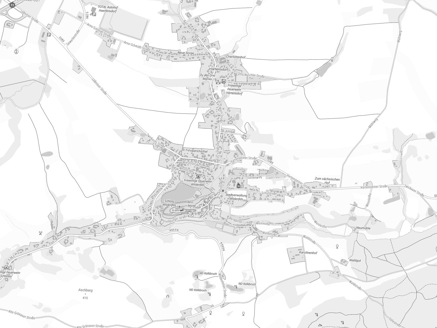 Kartenausschnitt Wildenfels mit Gewässern
