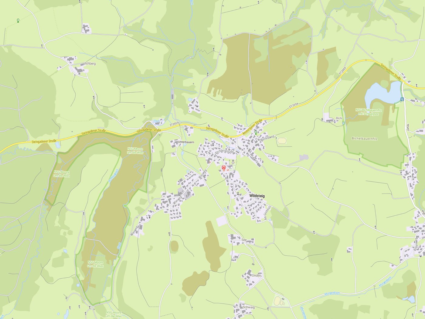 Kartenausschnitt Wildsteig mit Gewässern