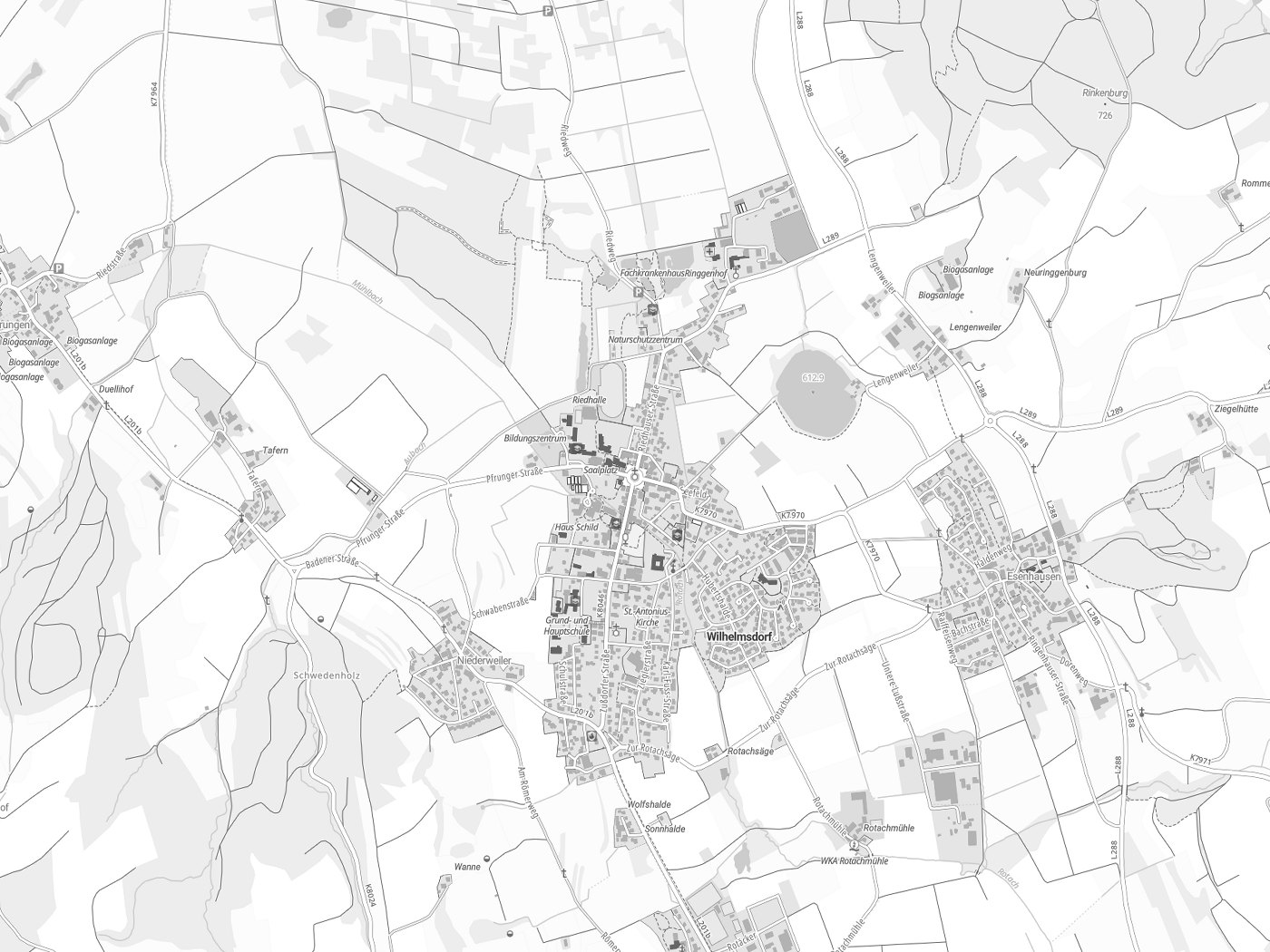 Kartenausschnitt Wilhelmsdorf mit Gewässern
