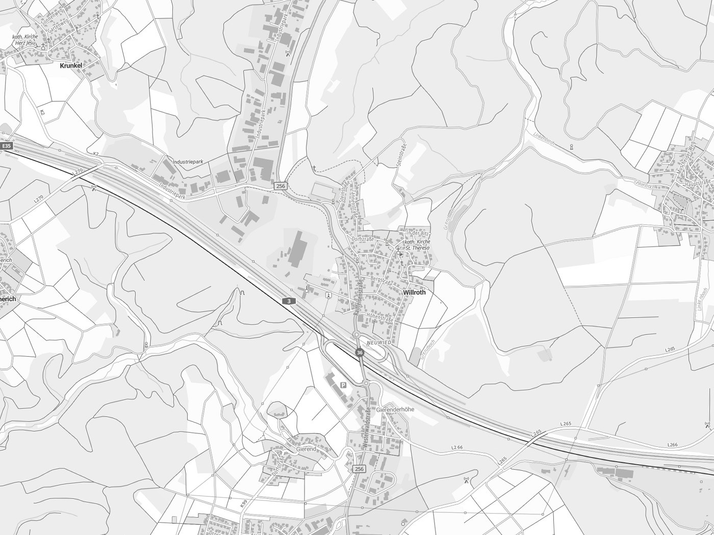 Kartenausschnitt Willroth mit Gewässern