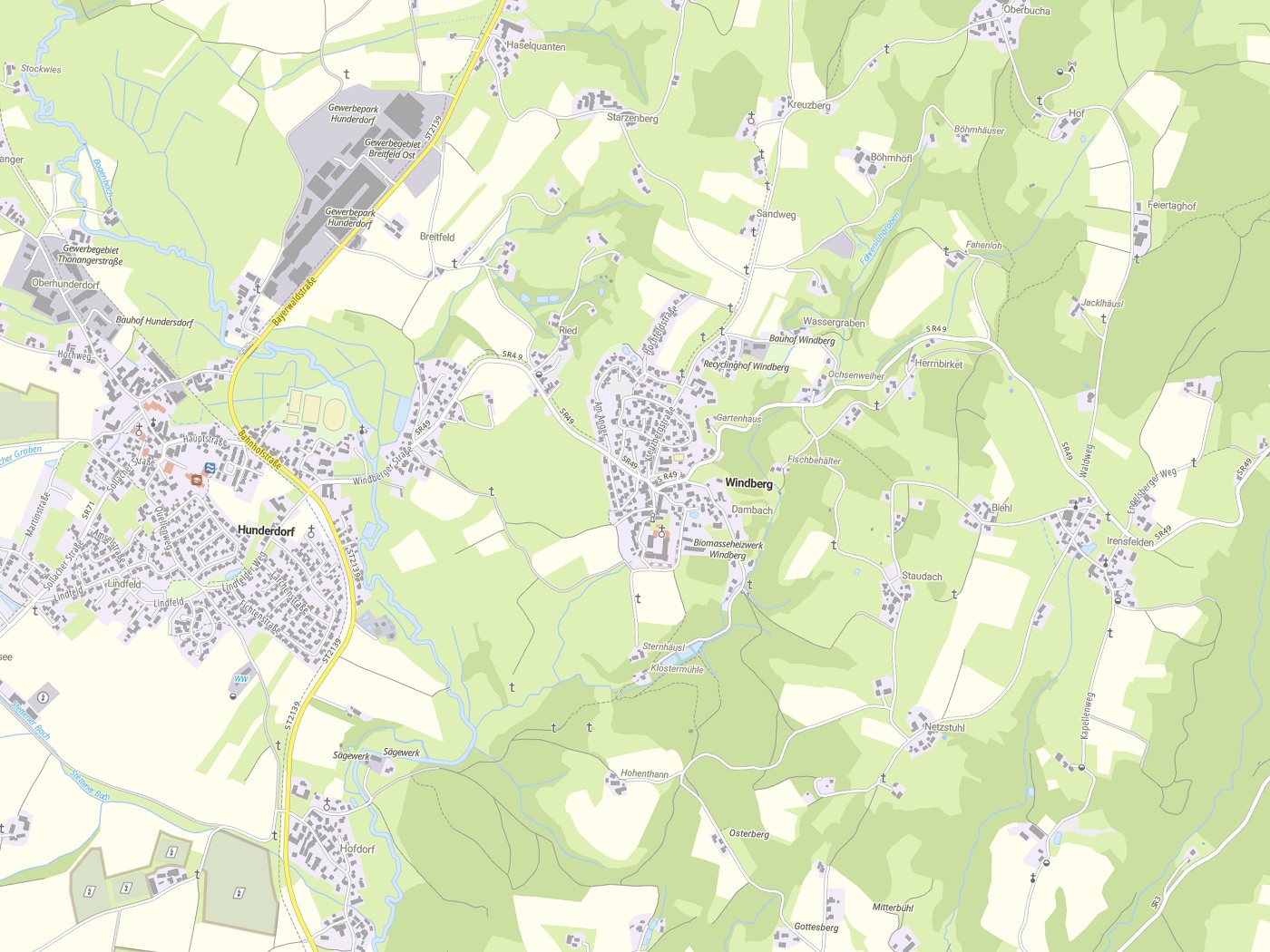 Kartenausschnitt Windberg mit Gewässern