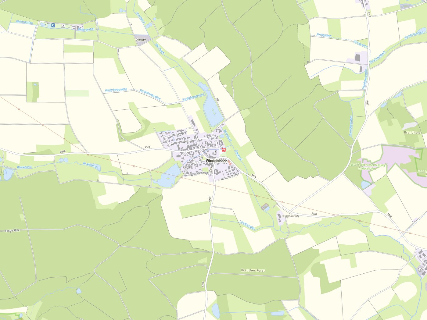 Kartenausschnitt Windelsbach mit Gewässern