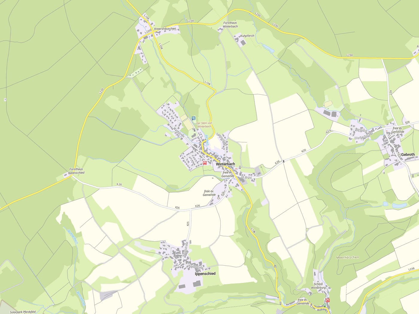 Kartenausschnitt Winterbach mit Gewässern