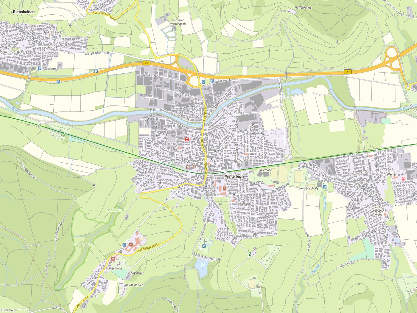 Kartenausschnitt Winterbach mit Gewässern