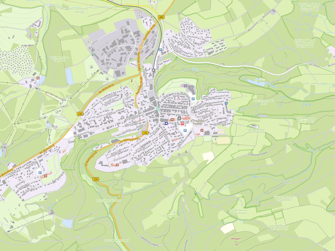 Kartenausschnitt Winterberg mit Gewässern