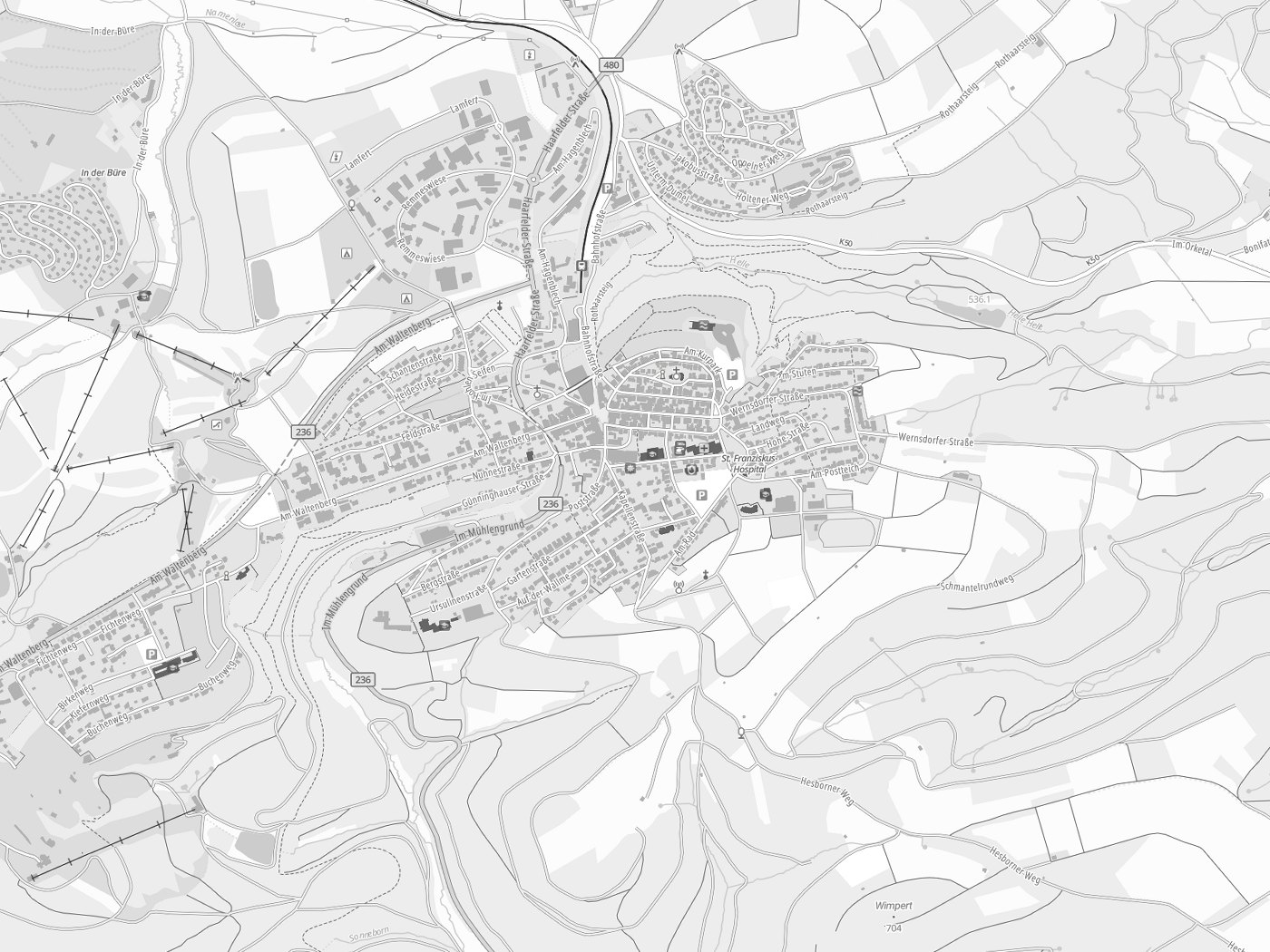 Kartenausschnitt Winterberg mit Gewässern