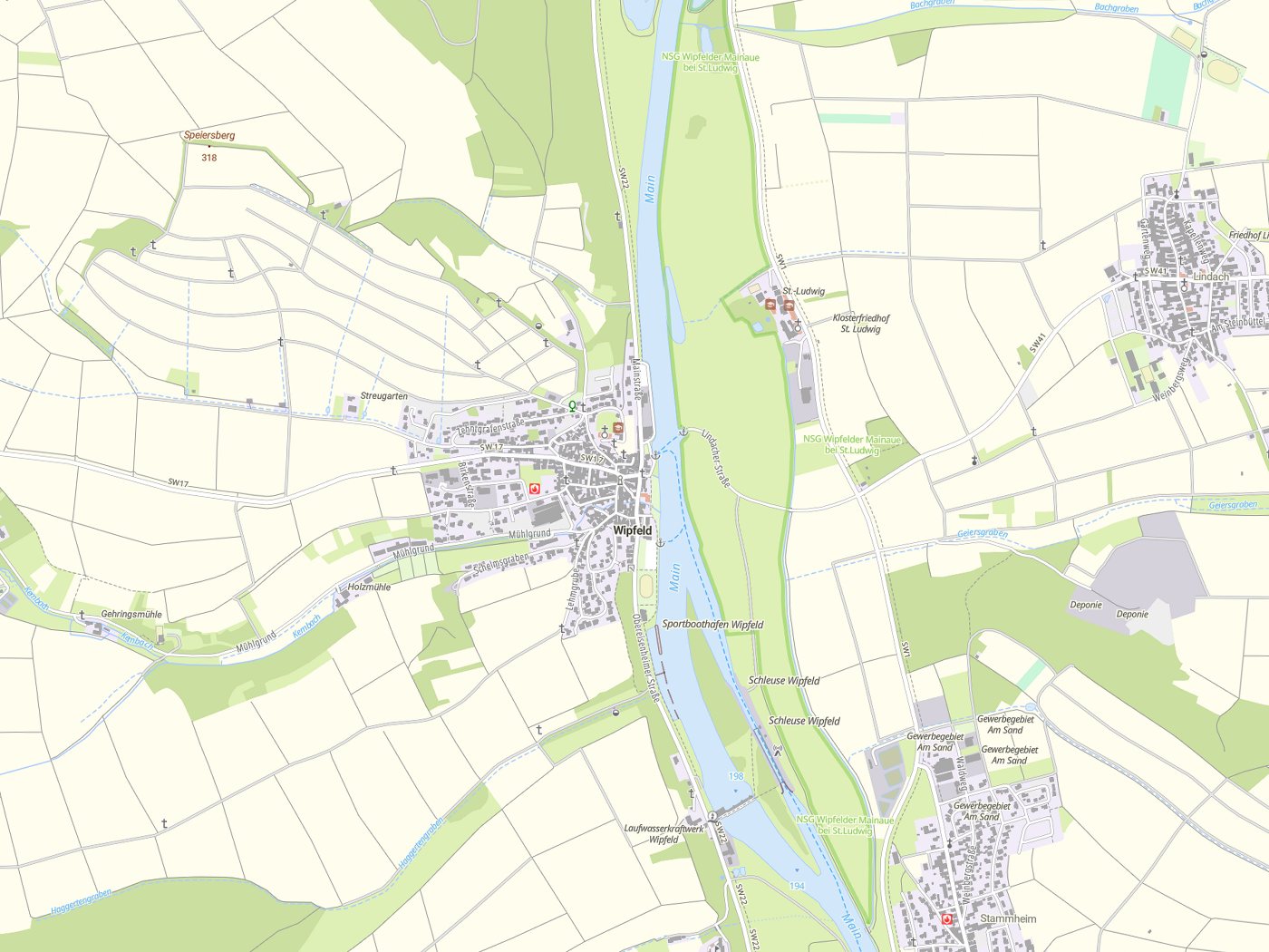 Kartenausschnitt Wipfeld mit Gewässern