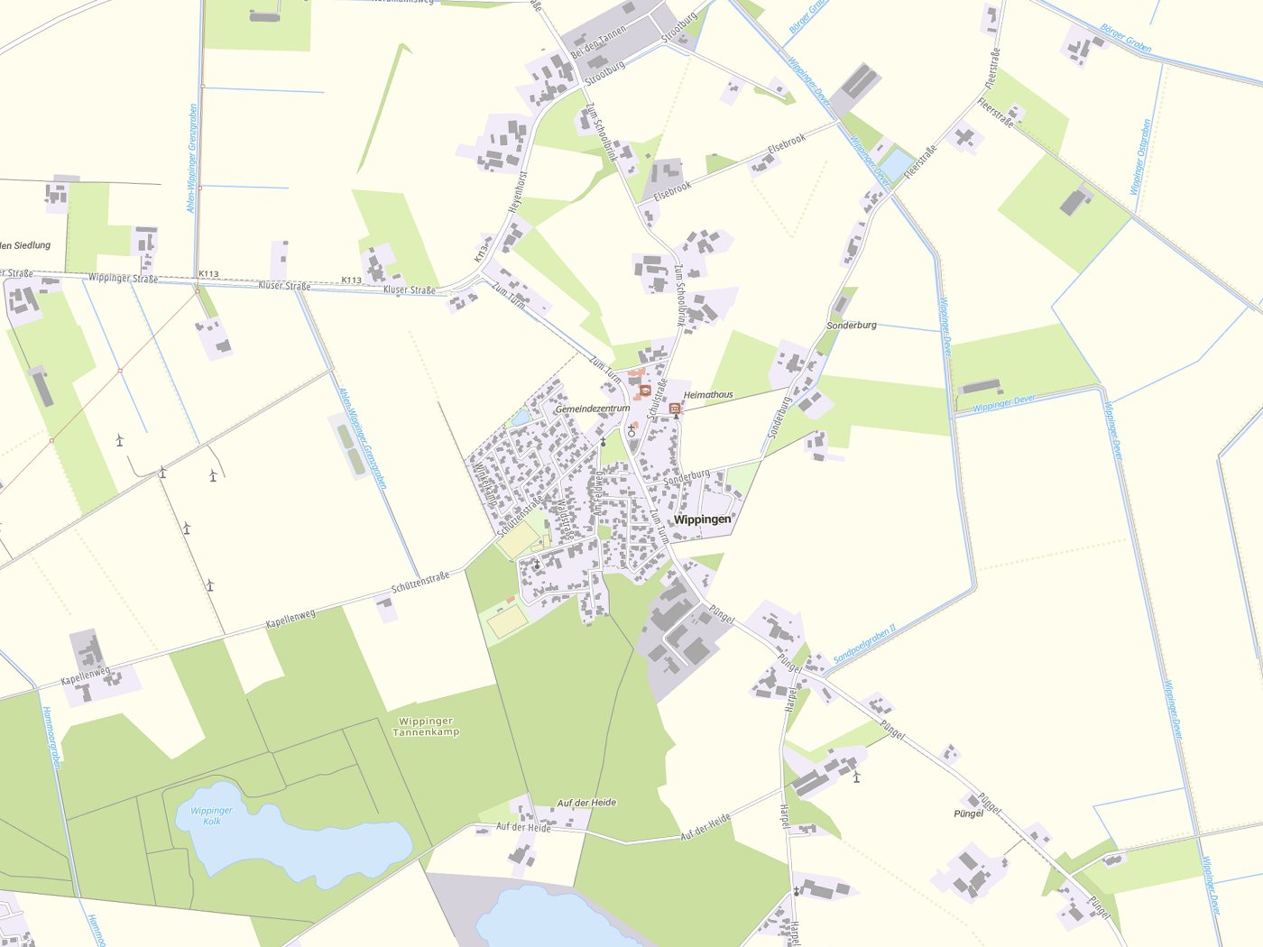 Kartenausschnitt Wippingen mit Gewässern