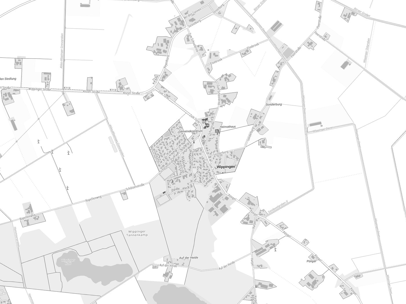 Kartenausschnitt Wippingen mit Gewässern