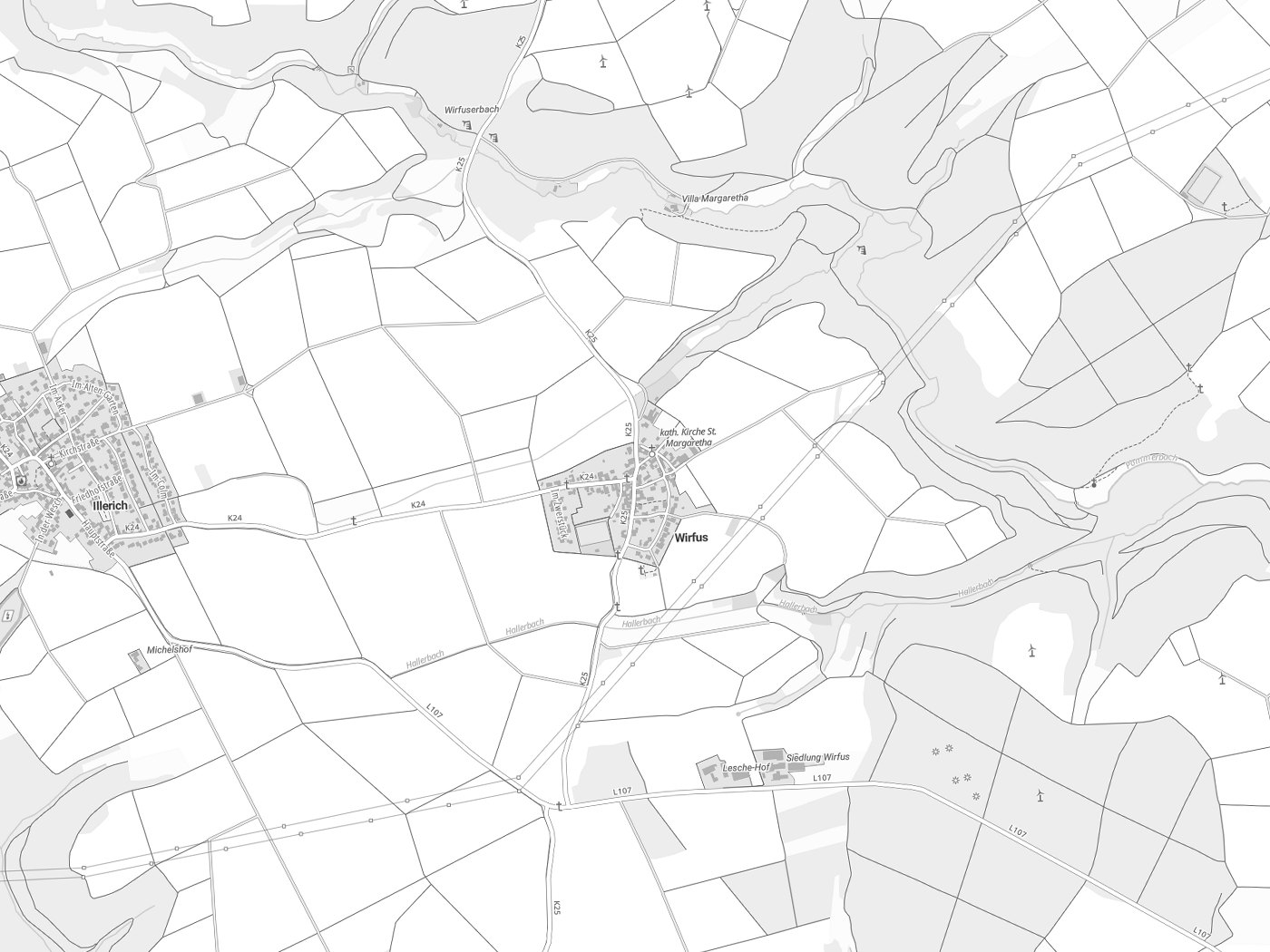 Kartenausschnitt Wirfus mit Gewässern