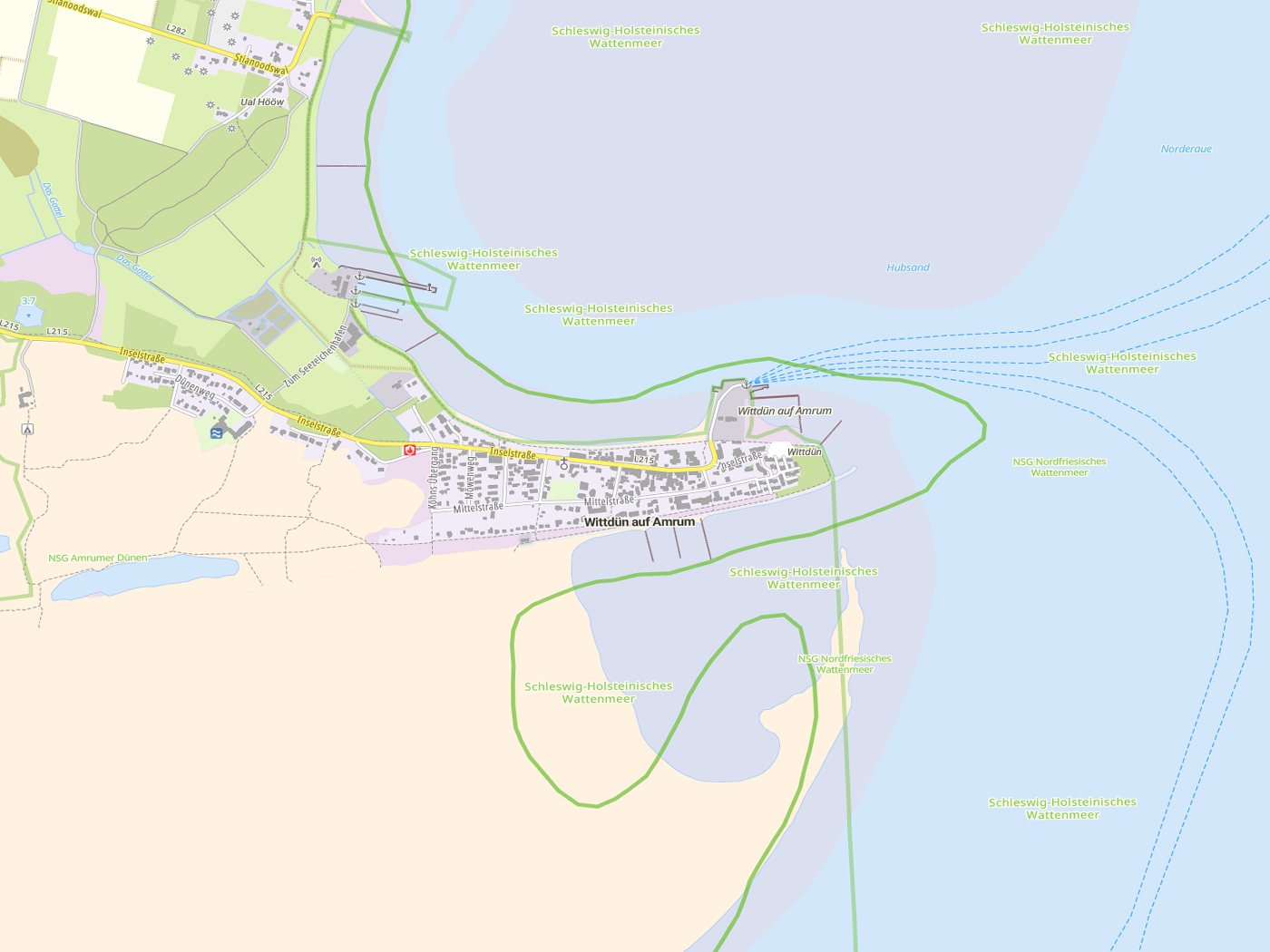 Kartenausschnitt Wittdün auf Amrum mit Gewässern