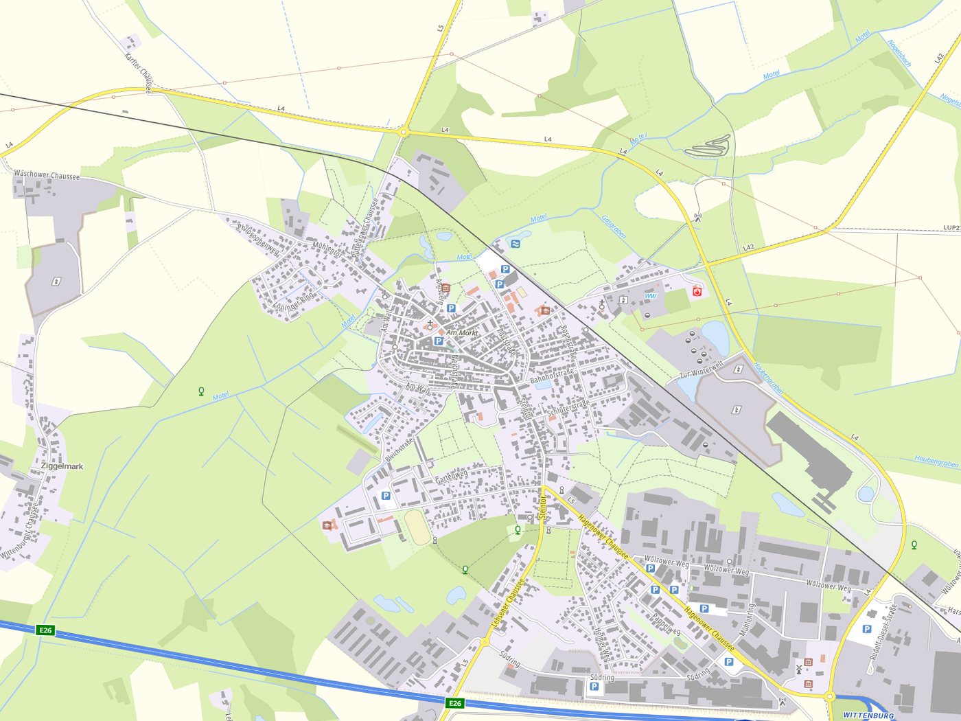 Kartenausschnitt Wittenburg mit Gewässern