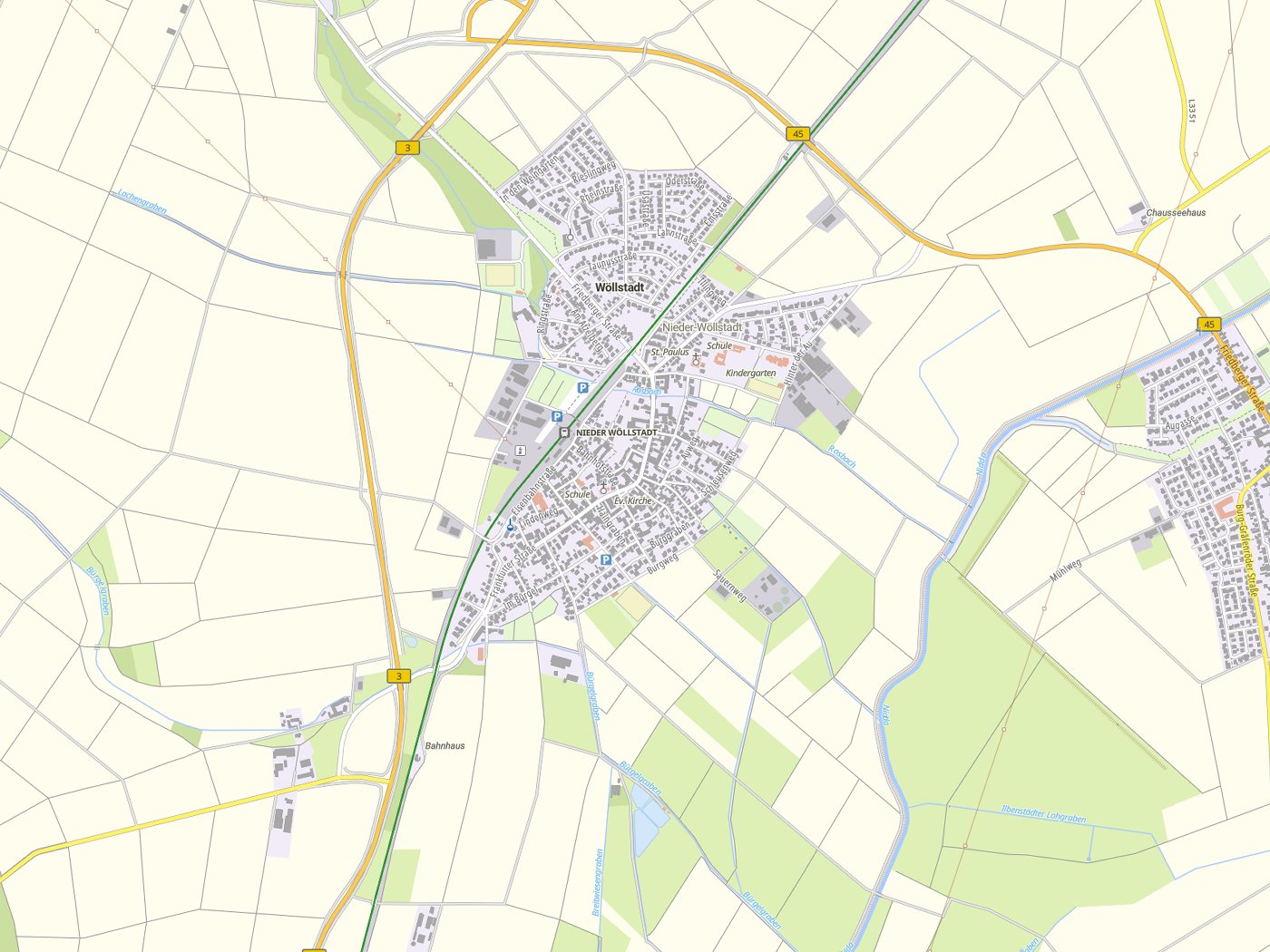 Kartenausschnitt Wöllstadt mit Gewässern