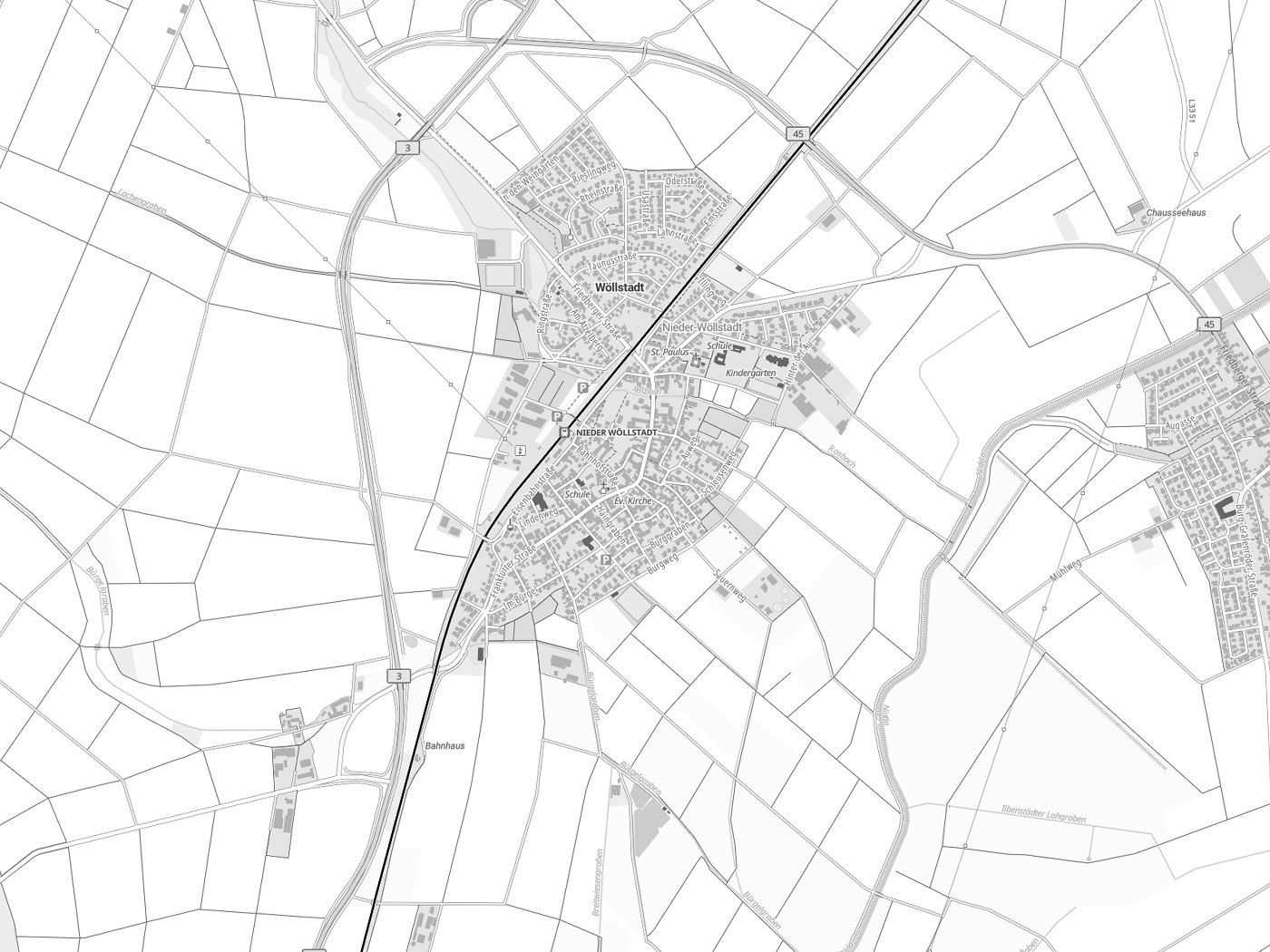 Kartenausschnitt Wöllstadt mit Gewässern