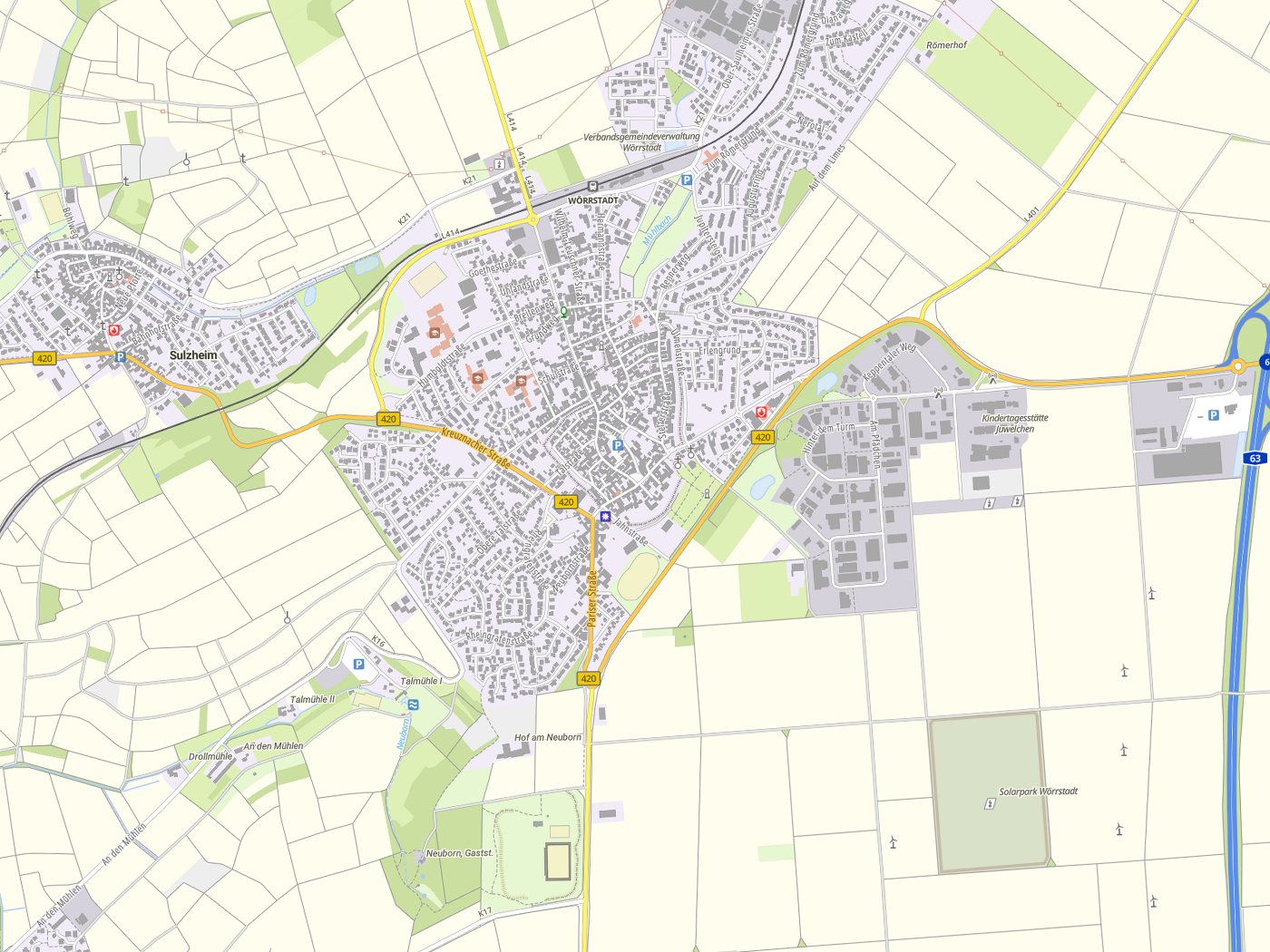 Kartenausschnitt Wörrstadt mit Gewässern