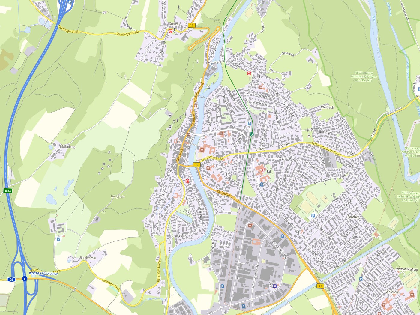 Kartenausschnitt Wolfratshausen mit Gewässern