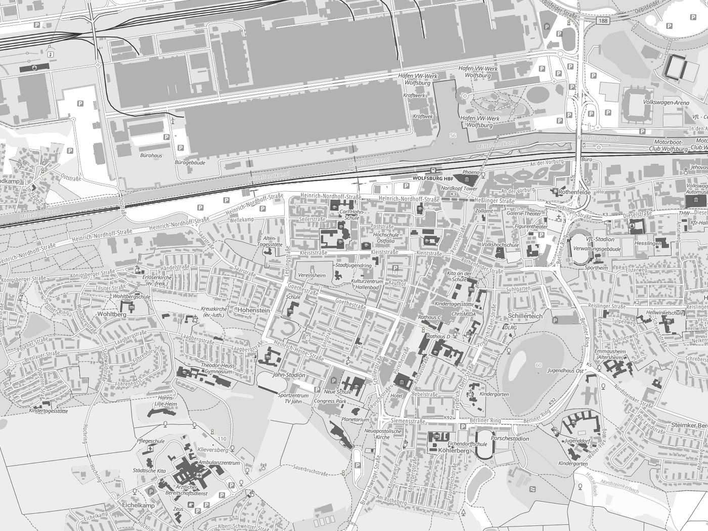 Kartenausschnitt Wolfsburg mit Gewässern