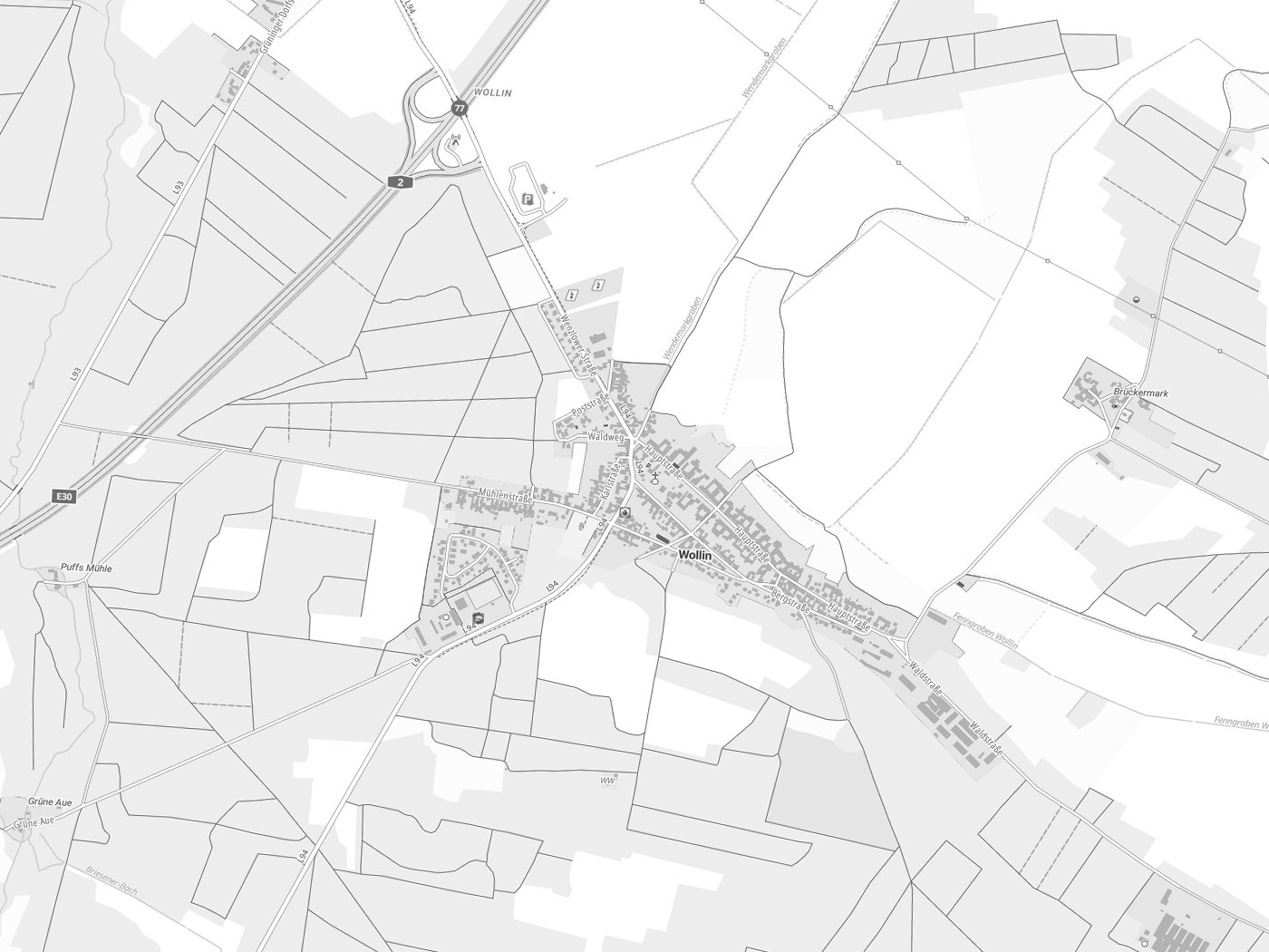 Kartenausschnitt Wollin mit Gewässern